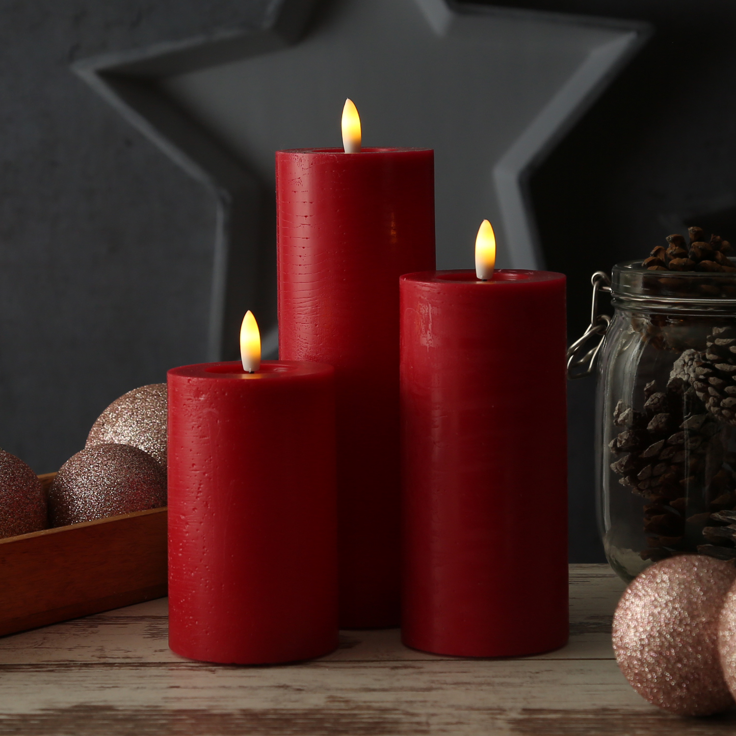 LED Kerzenset LINA - Rustik-Optik - Echtwachs - 3 Größen - D: 7cm - Timer - rot - 3er Set