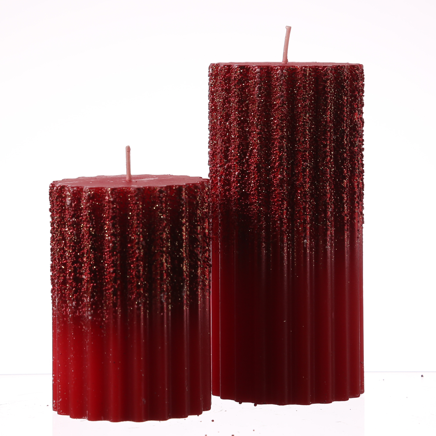 Stumpenkerze - Goldglitzer - geriffelt - H: 10cm, 15cm - rot - 2er Set