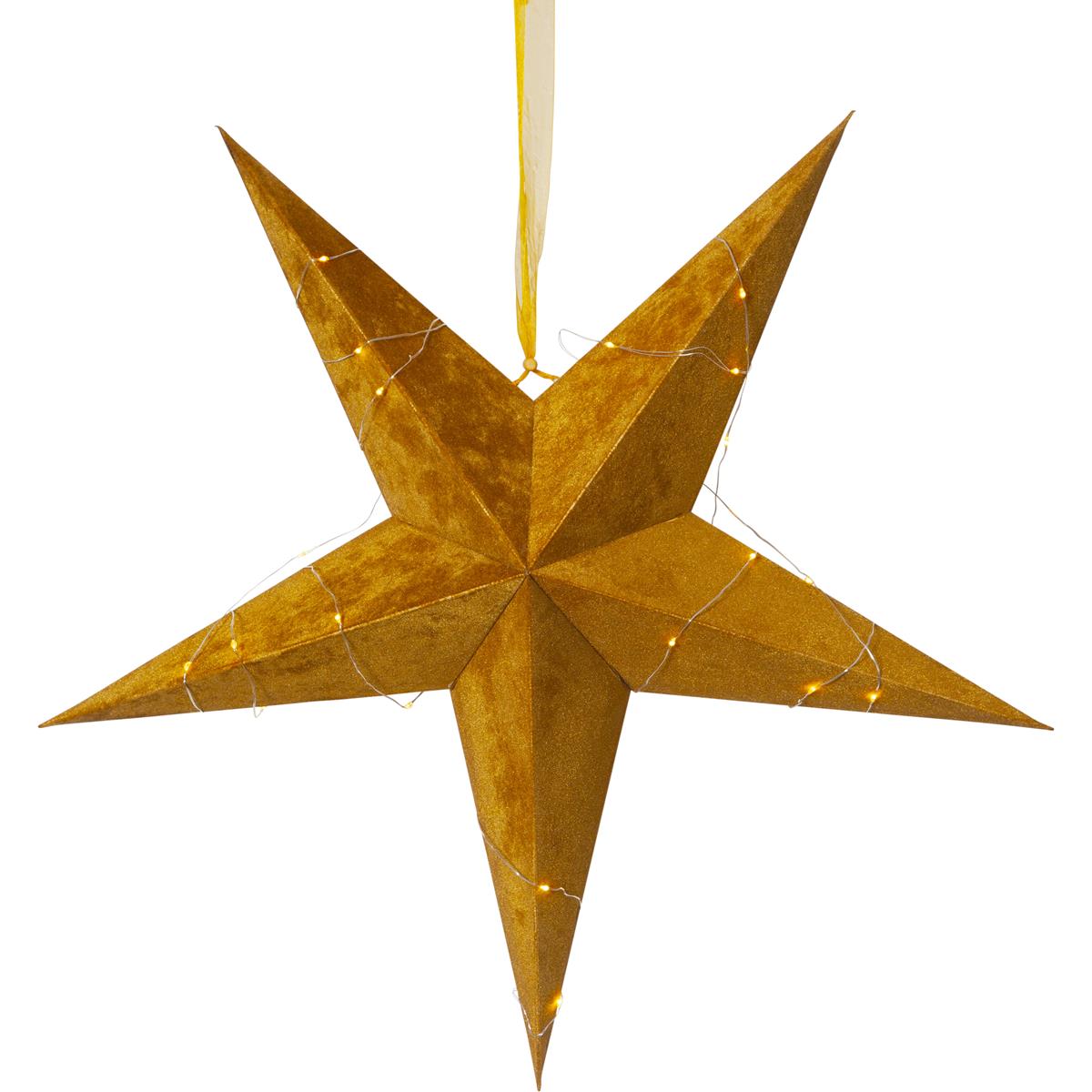 Papierstern Velvet mit Band und Samtbezug - 5-zackig - D: 60 cm - mit Drahtlichterkette - gold/gelb