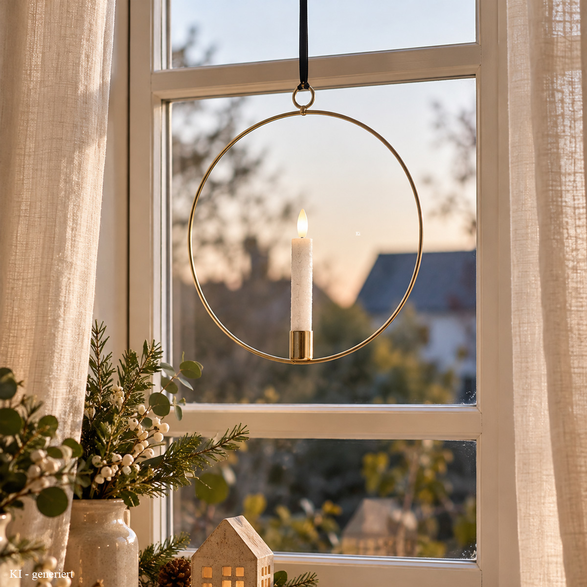 Dekoring mit LED Kerze - Fensterdeko zum Hängen - D: 28,5cm - Timer - Batterie - gold