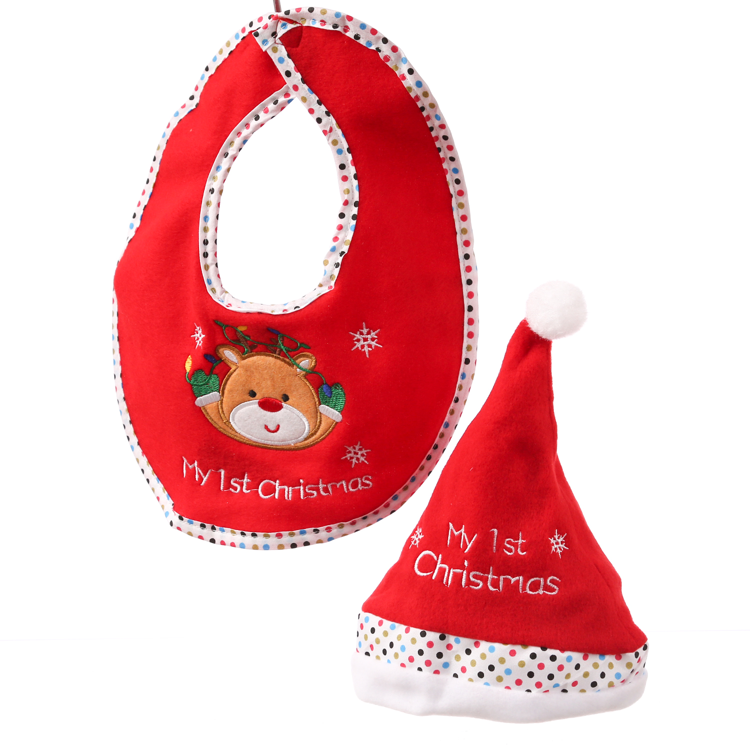 Baby Weihnachts-Geschenkset MY FIRST - Mütze und Lätzchen mit Rentierkopf - Polyester - rot, weiß