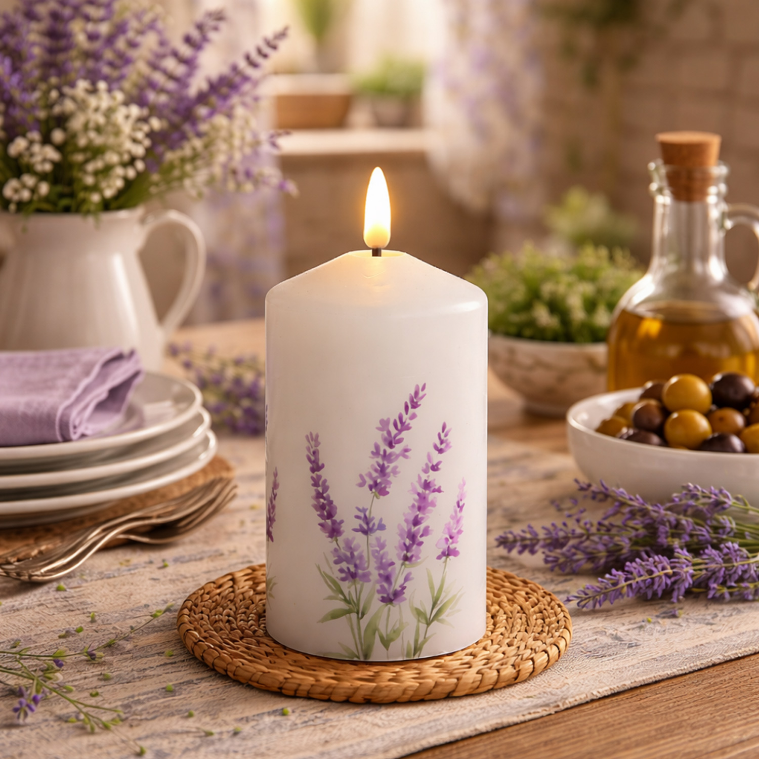 LED Kerze mit Lavendel Motiv - Echtwachs - H: 14,5cm - D: 7cm - Batteriebetrieb - Timer