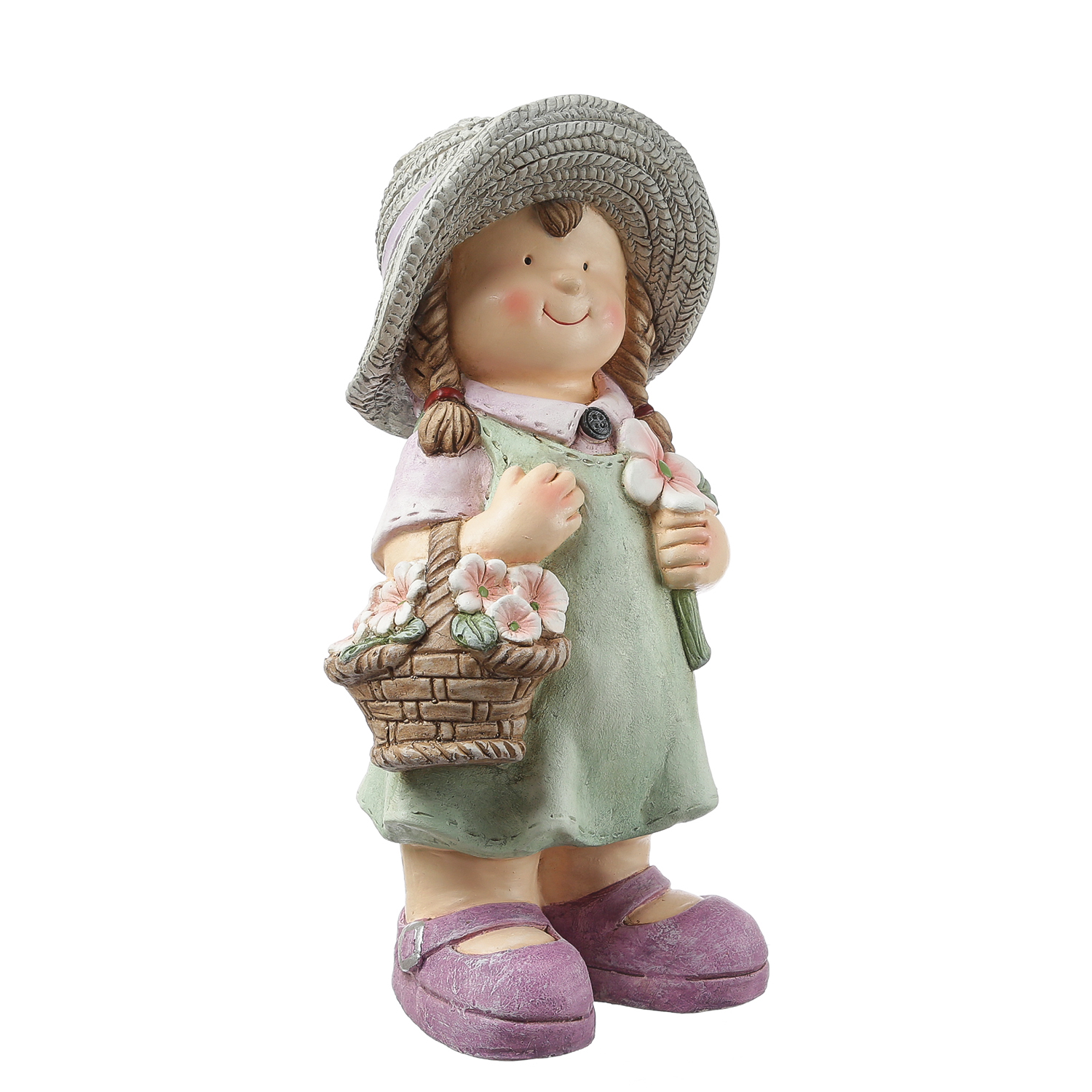 Dekofigur Klara - Mädchen mit Blumenkorb - Gartenfigur - Magnesia  - H: 39cm - bunt