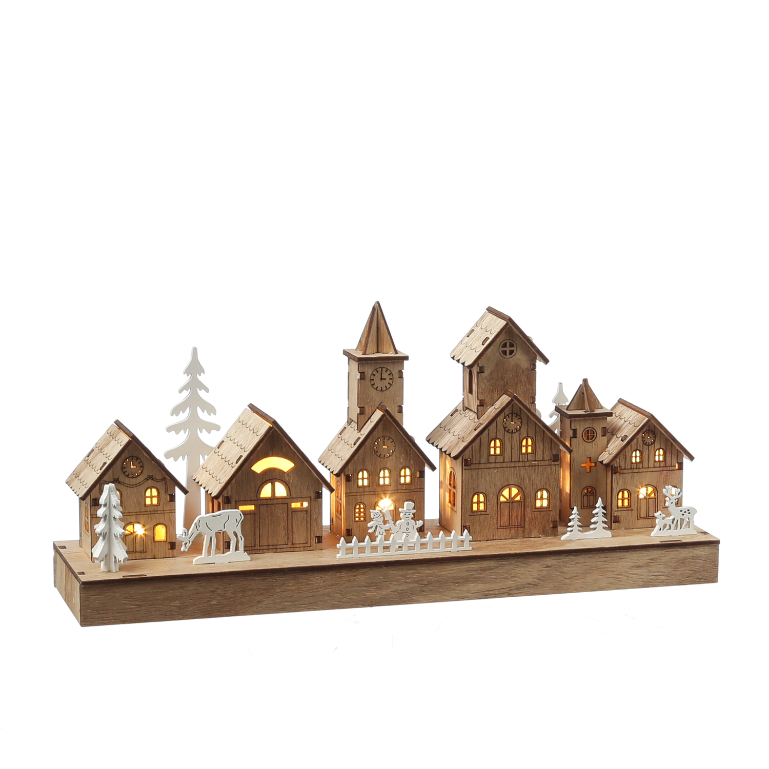 LED Holzdekoration Weihnachtsdorf - beleuchtete Winterlandschaft - L: 30cm - Timer - braun