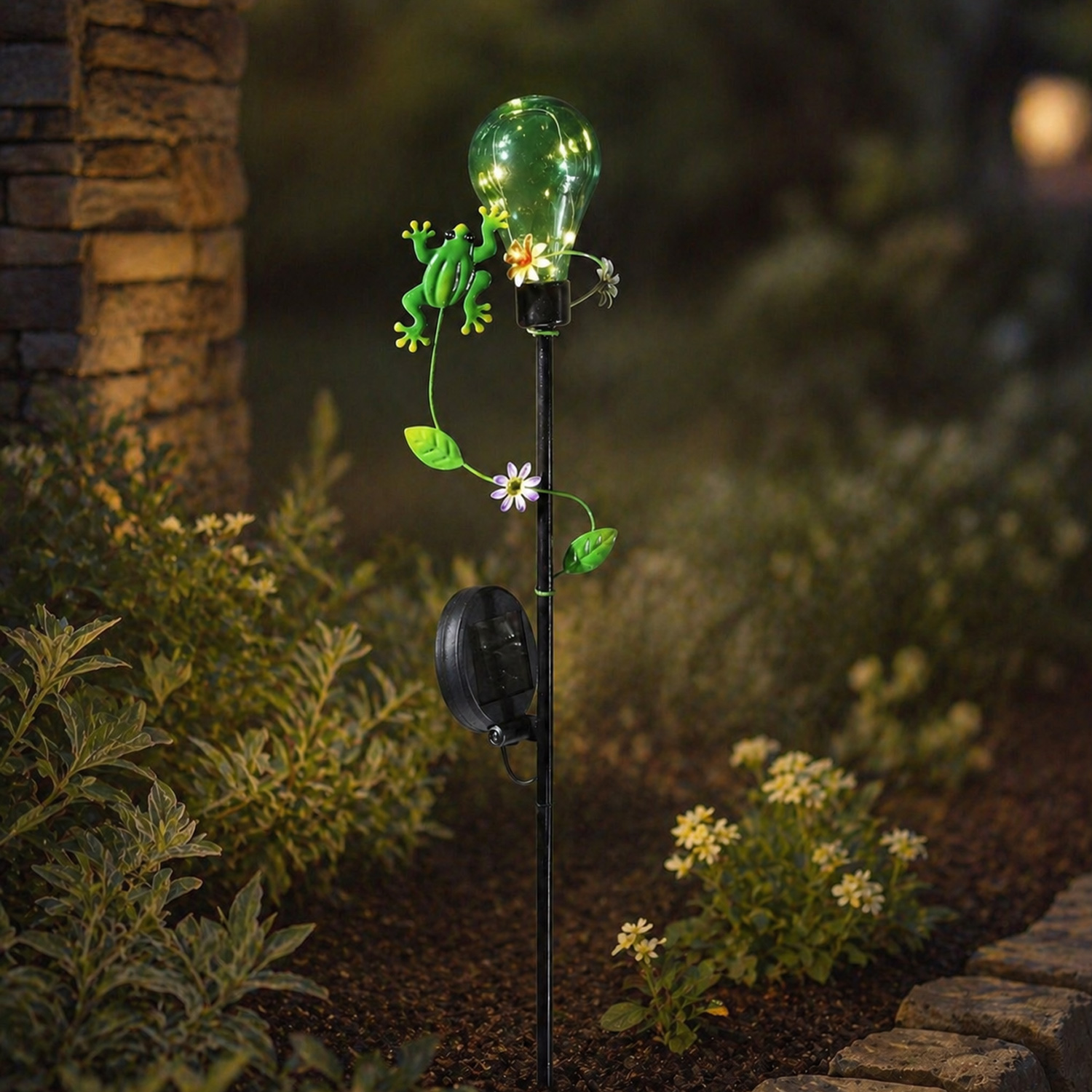LED Solar Gartenstecker Glühbirne mit Frosch - 5 warmweiße LED - H: 84cm - Lichtsensor