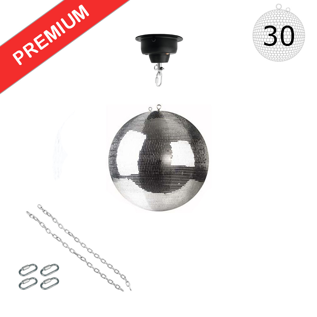 Spiegelkugel Set 30cm Kugel PREMIUM + Motor MBM-404, 2 Ketten, 4 Kettenglieder