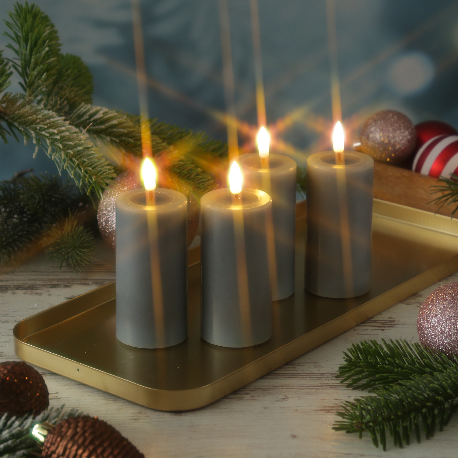 LED Kerzenset MIA - Echtwachs - H: 10cm/D: 5cm - mit Batterien/Fernbedienung - grau - 4er Set