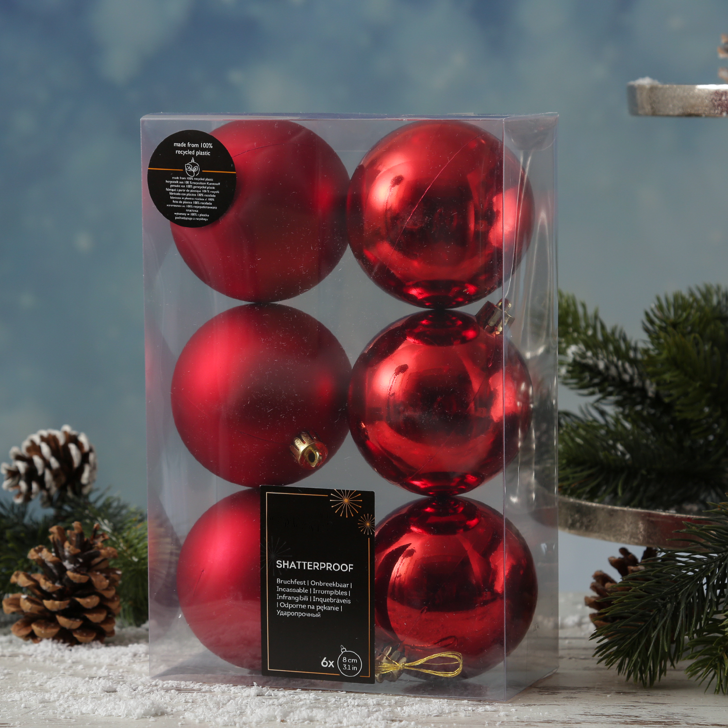 Christbaumkugeln - Weihnachtbaumskugeln - bruchfest - D: 8cm - glänzend/matt  - rot - 6er Set