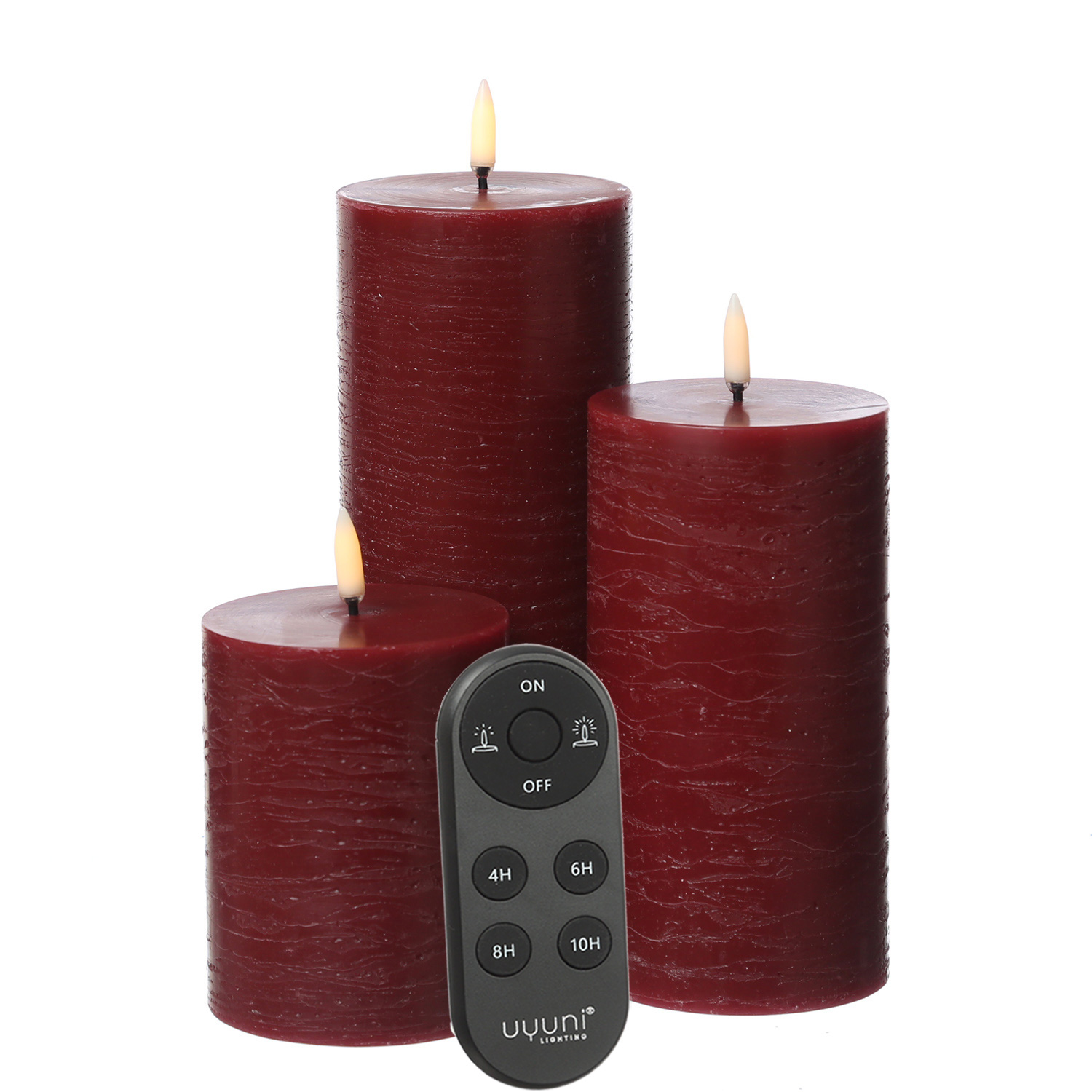 LED Kerzenset PIA - Rustik-Optik - 3 Größen - inkl. Batterien/Fernbedienung - dunkelrot - 3er Set