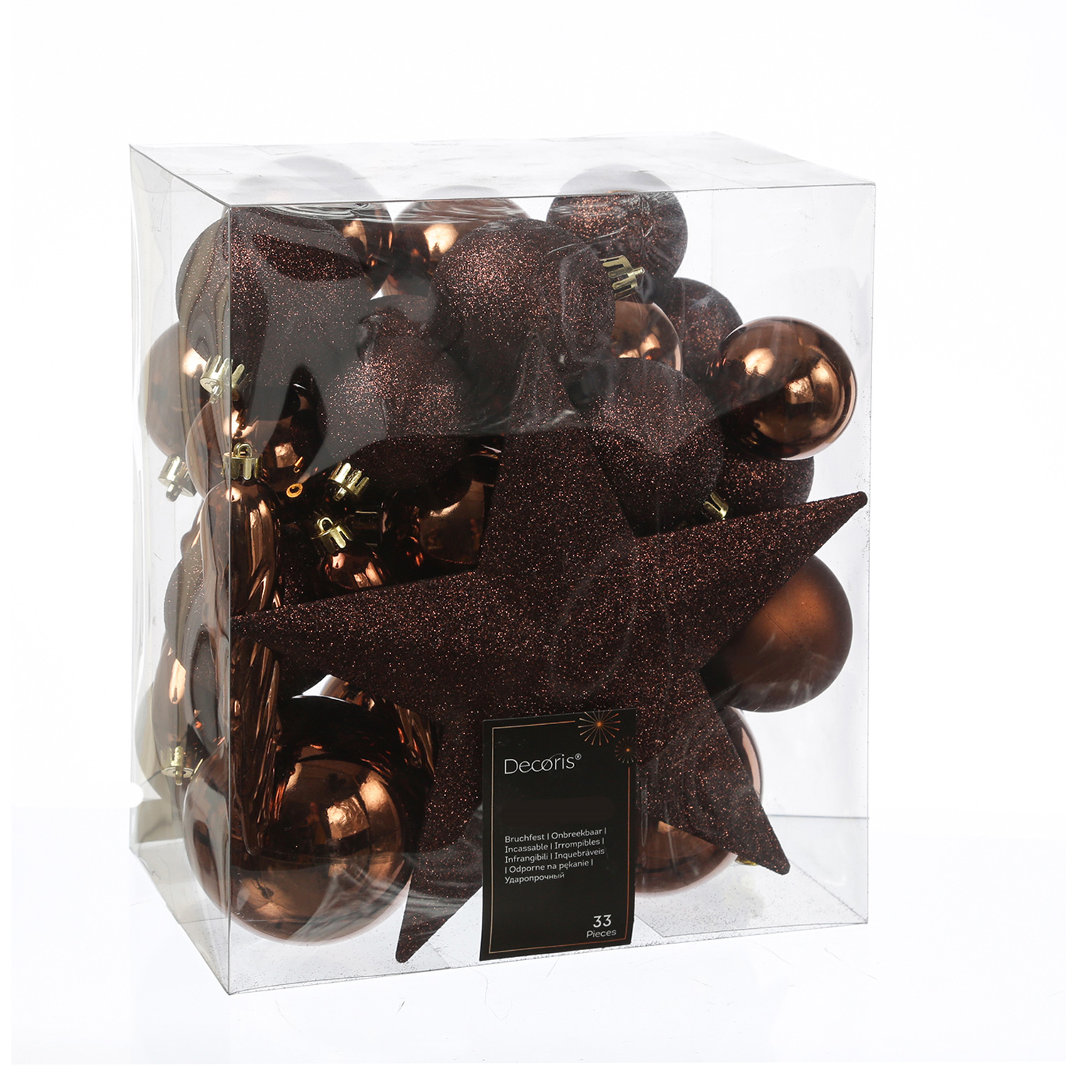 Christbaumkugeln - Weihnachtsbaumkugeln mit Stern Baumspitze - bruchfest - braun - 33er Set