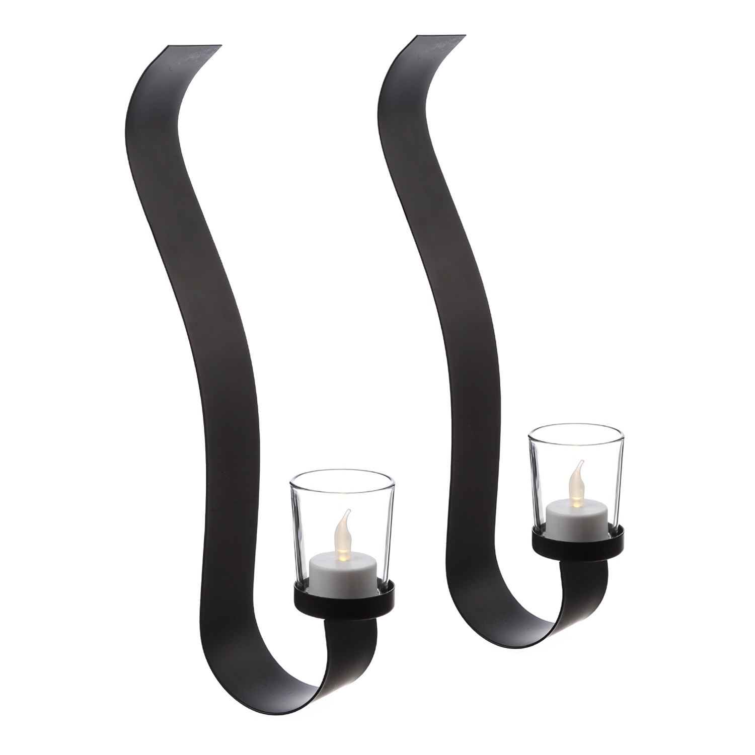 Wandkerzenhalter WAVE - mit Glasteelichthalter - Metall - H: 35cm -  schwarz - 2er Set