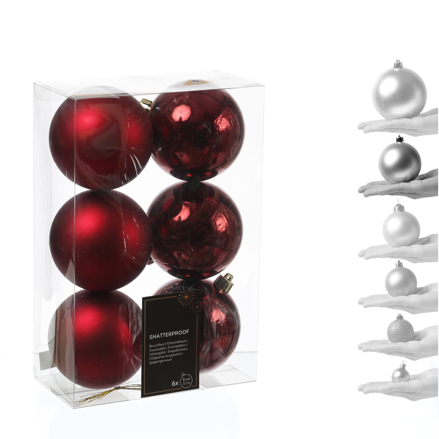 Christbaumkugeln - Weihnachtbaumskugeln - bruchfest - D: 8cm - glänzend/matt  - weinrot - 6er Set