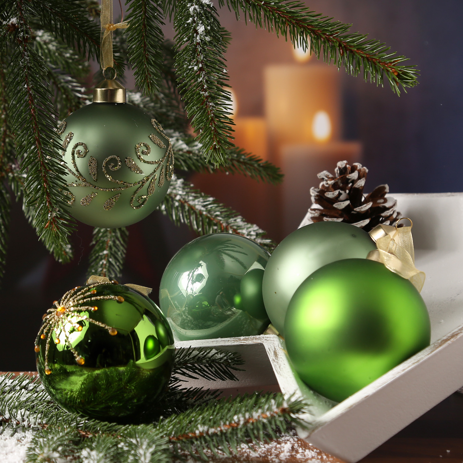 Christbaumkugel - Weihnachtsbaumkugel - Glas - D: 8cm - glänzend, matt - grün, salbeigrün - 6er Set