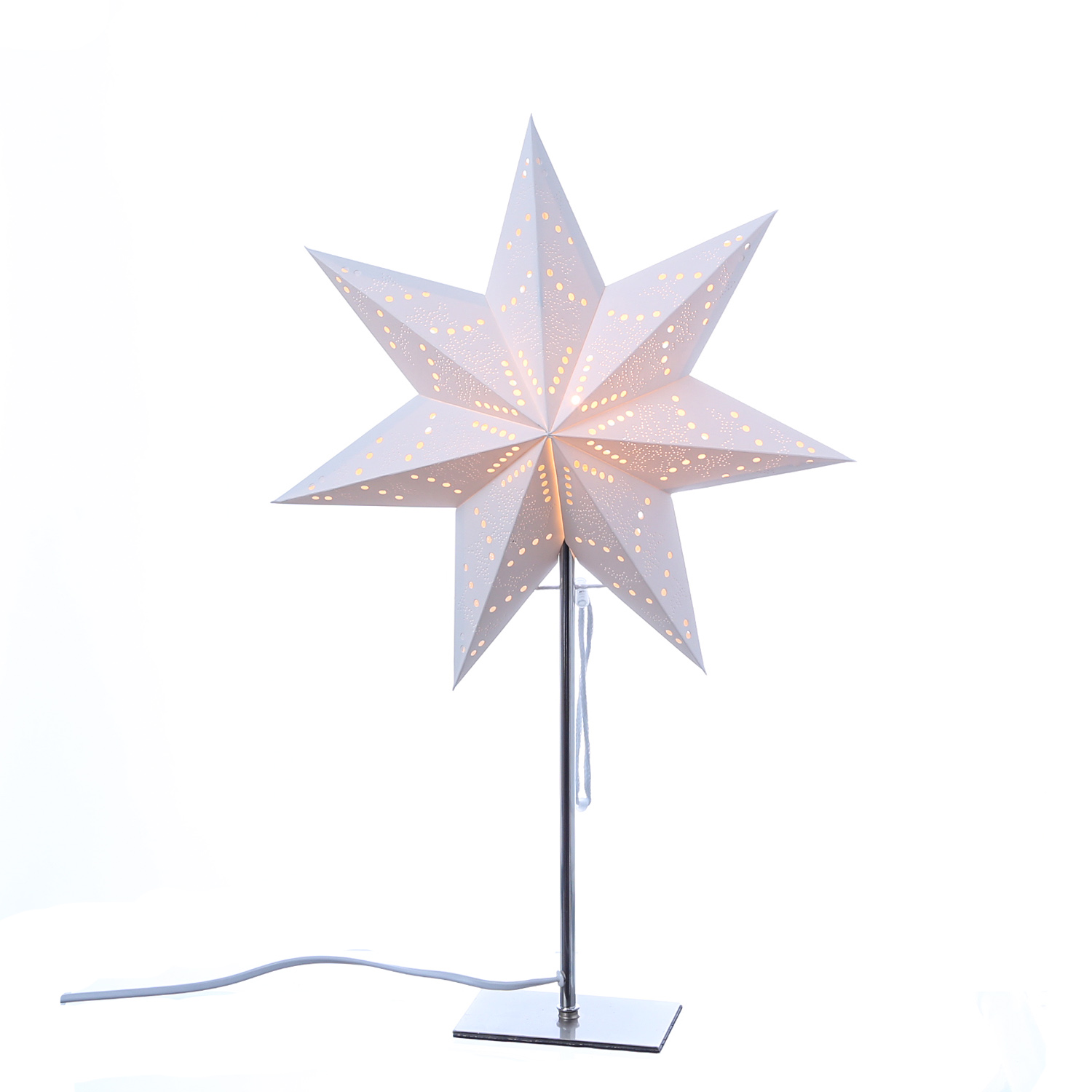 Papierstern LUNA - stehend - 7-zackig - D: 34cm, H: 55cm - inkl. E14 Fassung u. Kabel - weiß