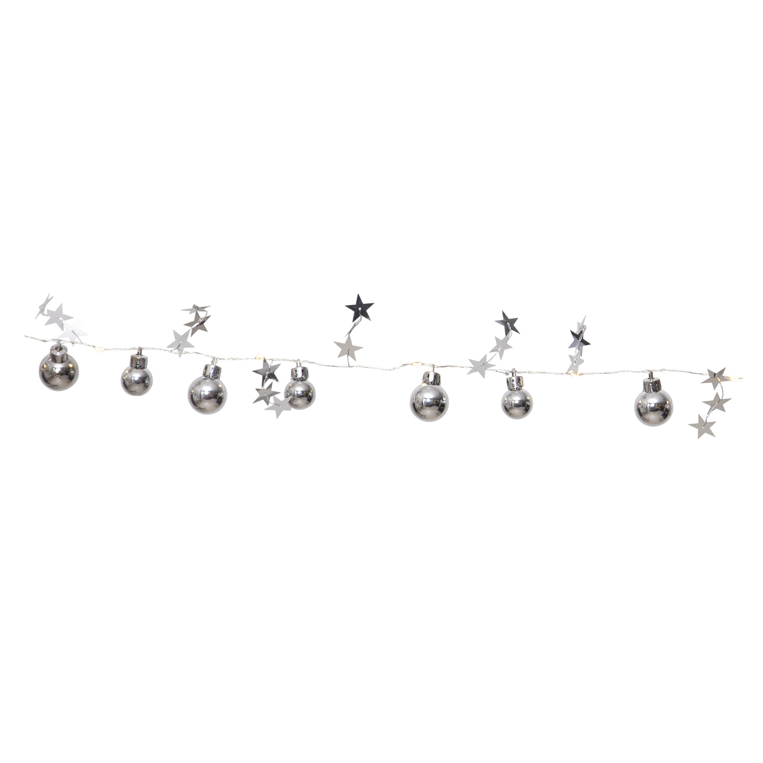 LED-Lichterkette "Xmas" - 10 warmweiße LED - silberne Kugeln und Sterne - 0,9m - Batterie - Timer