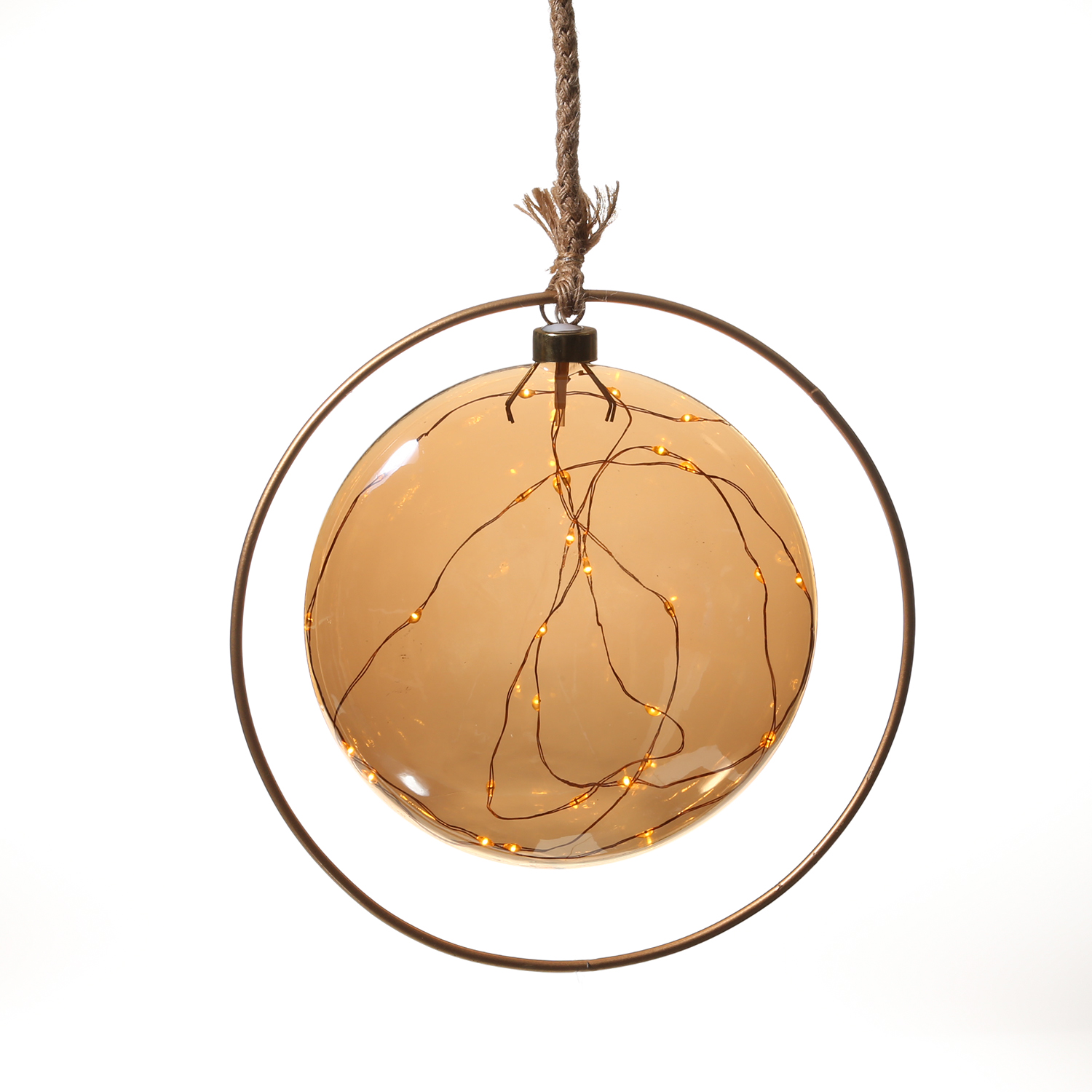 LED Glaskugel JUTTA - mit Juteseil und Ring - 30 bernsteinfarbene LED - D: 20cm - Timer - bernstein
