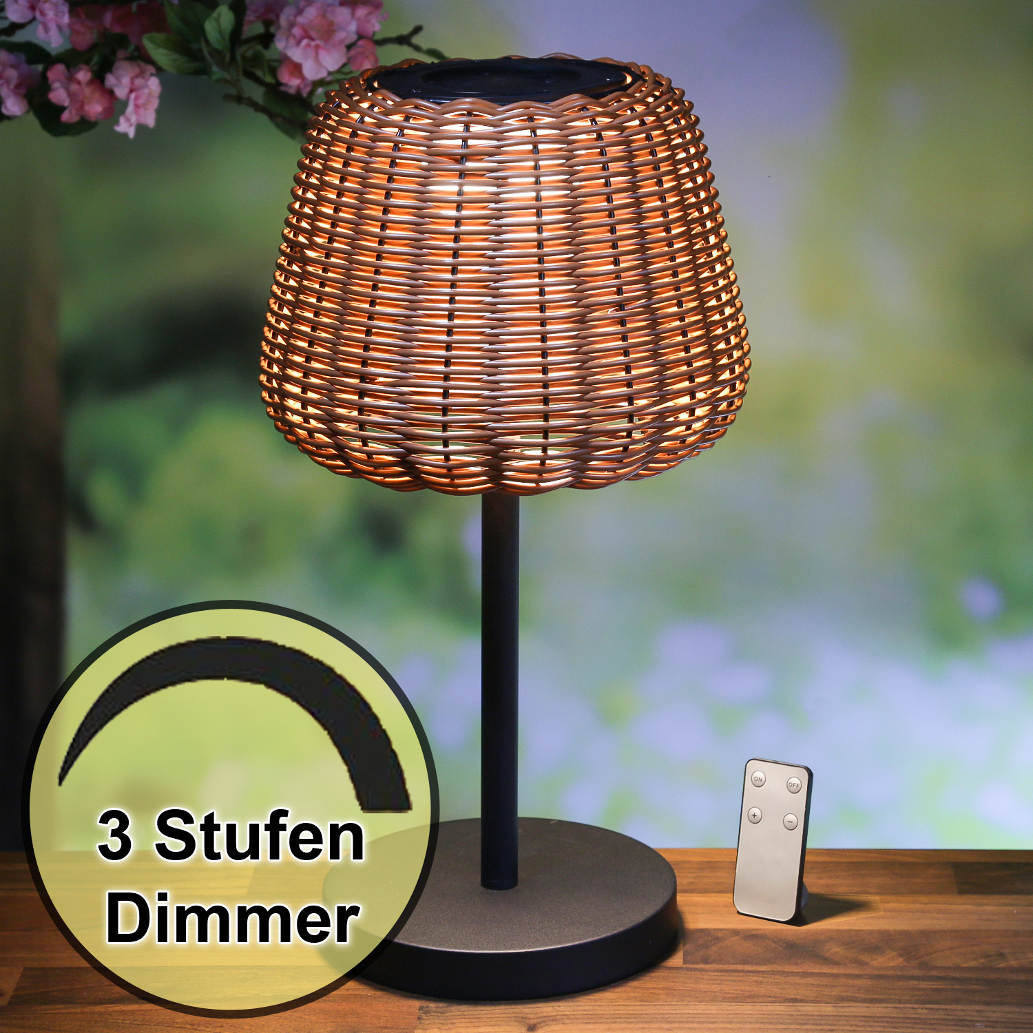 LED Garten Tischleuchte - in Rattanoptik - H 45cm - dimmbar - aufladbar - mit Fernb - hell braun