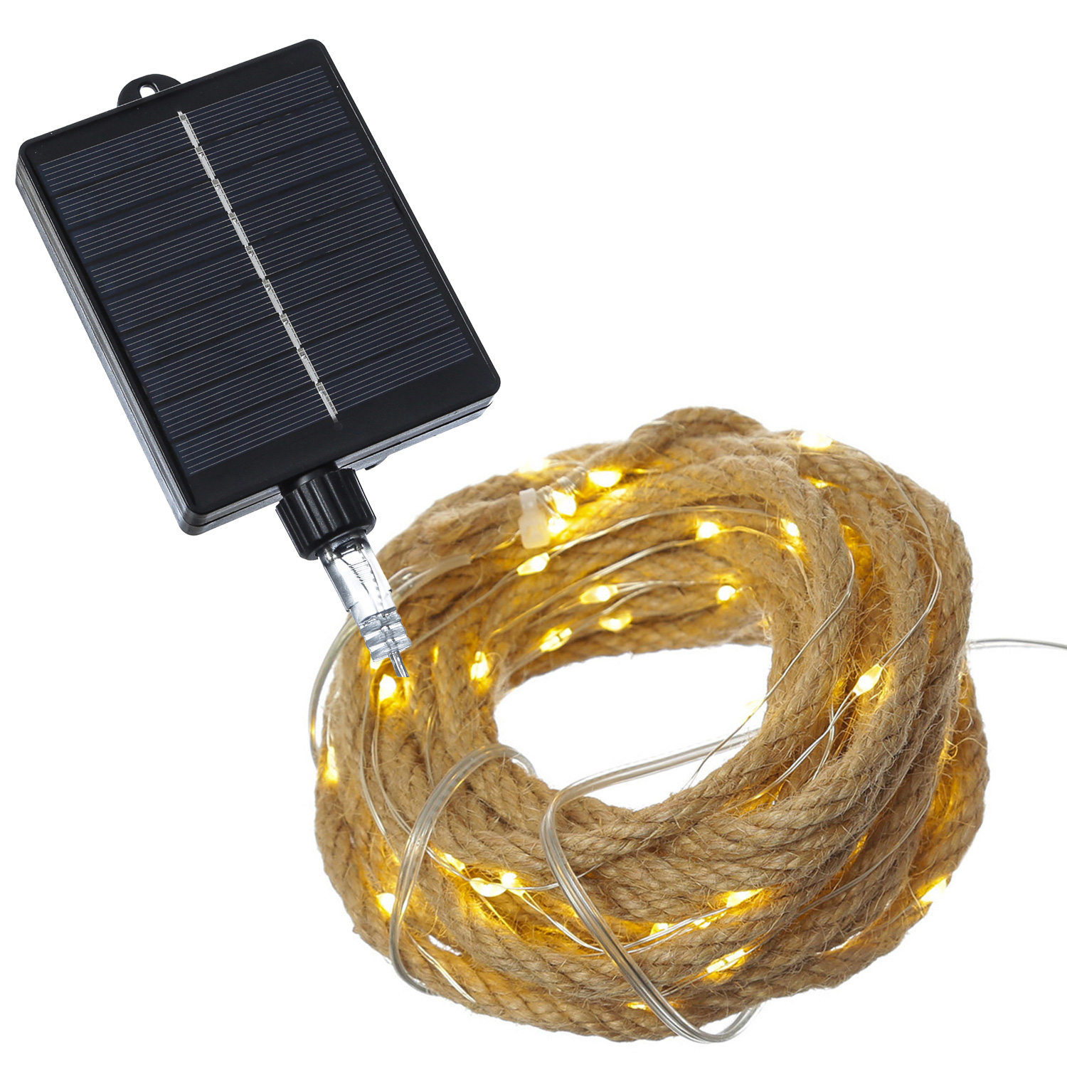 LED Solar Lichterkette Juteseil - 100 warmweiße LED - L: 5m - 8 Funktionen/USB - Fernbedienung
