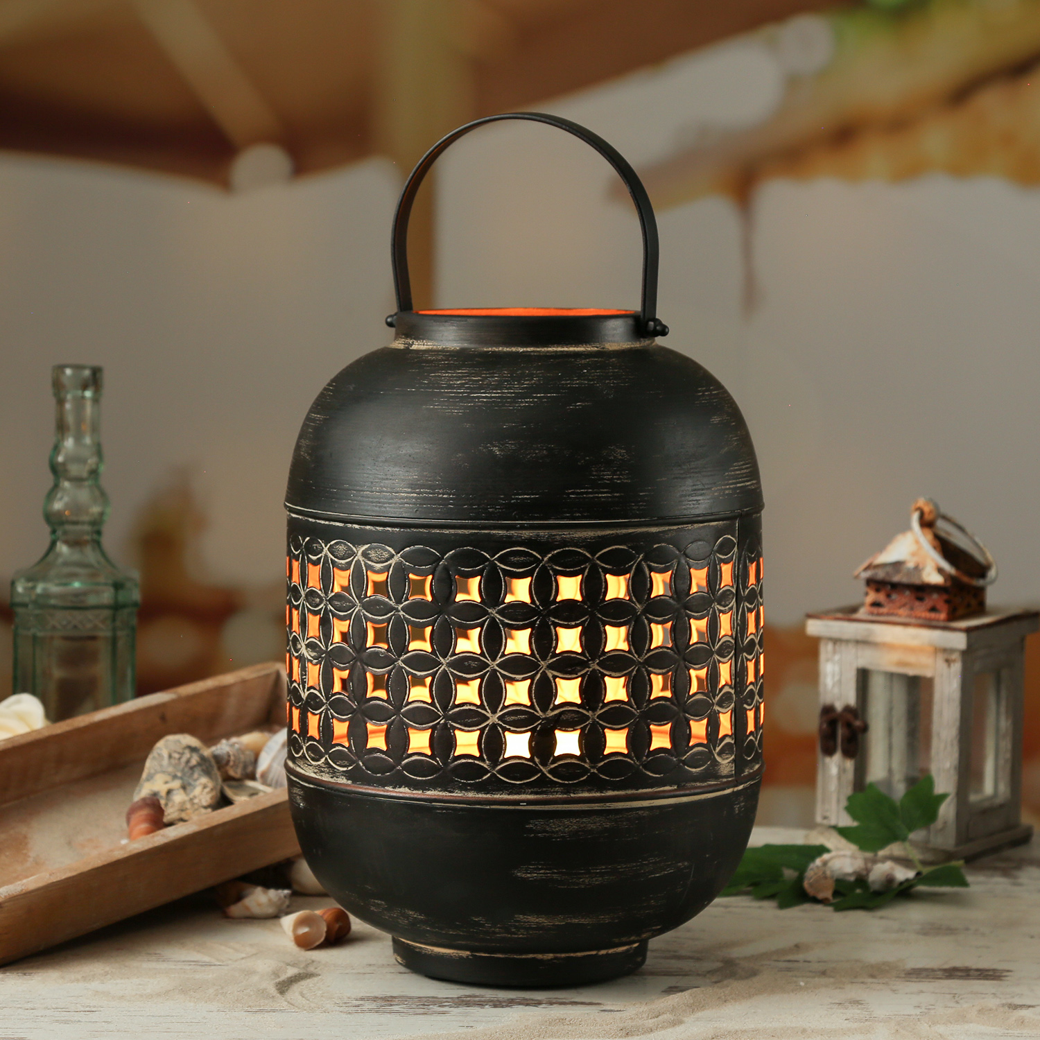 Windlicht mit Fächer Muster - Laterne - mit Henkel - Metall - H: 20cm