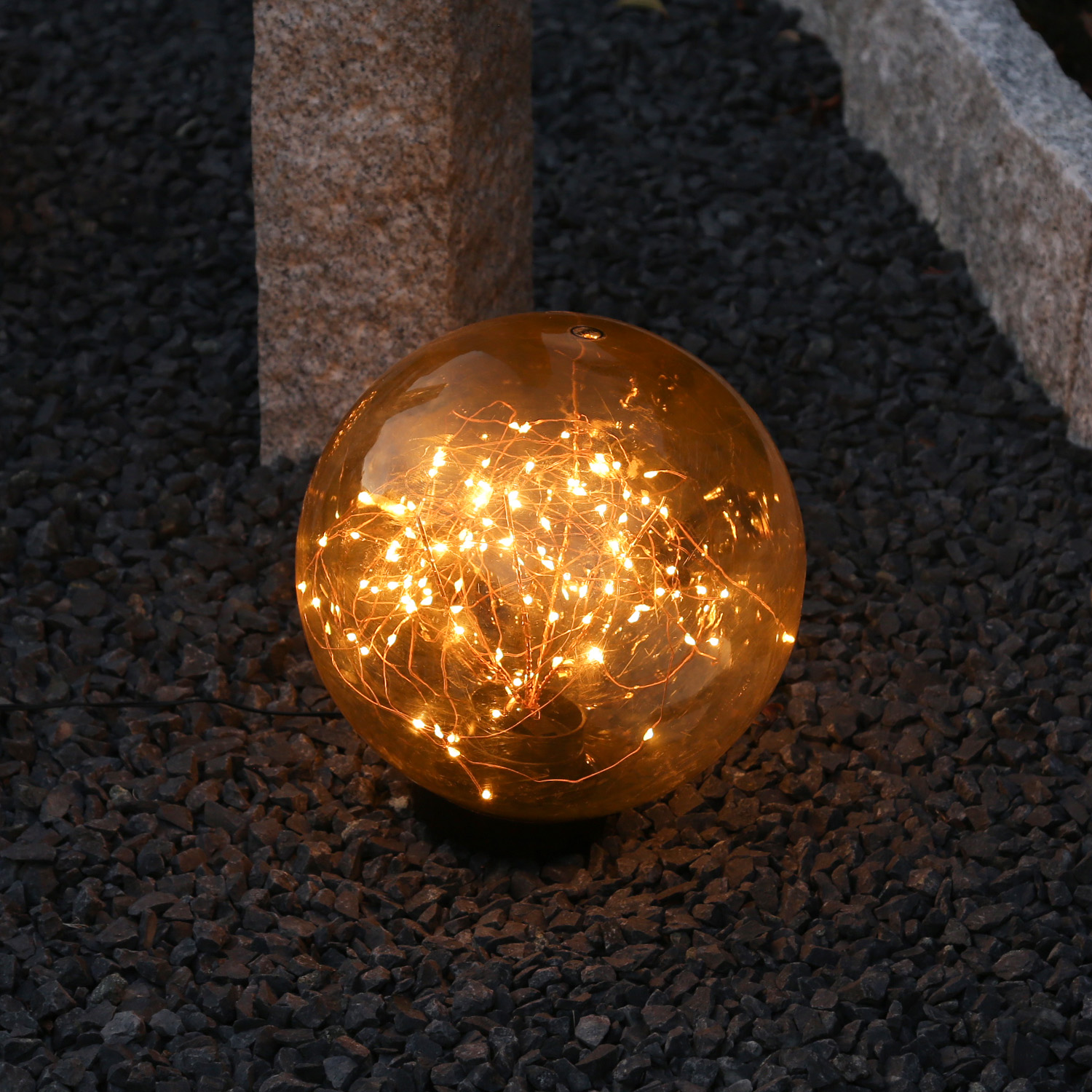 LED Kugel mit Drahtlicherkette - stehend - 80 bernsteinfarbene LED - D: 20cm - f. Außen - amber LED Kugel mit Drahtlicherkette - stehend - 80 bernsteinfarbene LED - D: 20cm - f. Außen - amber