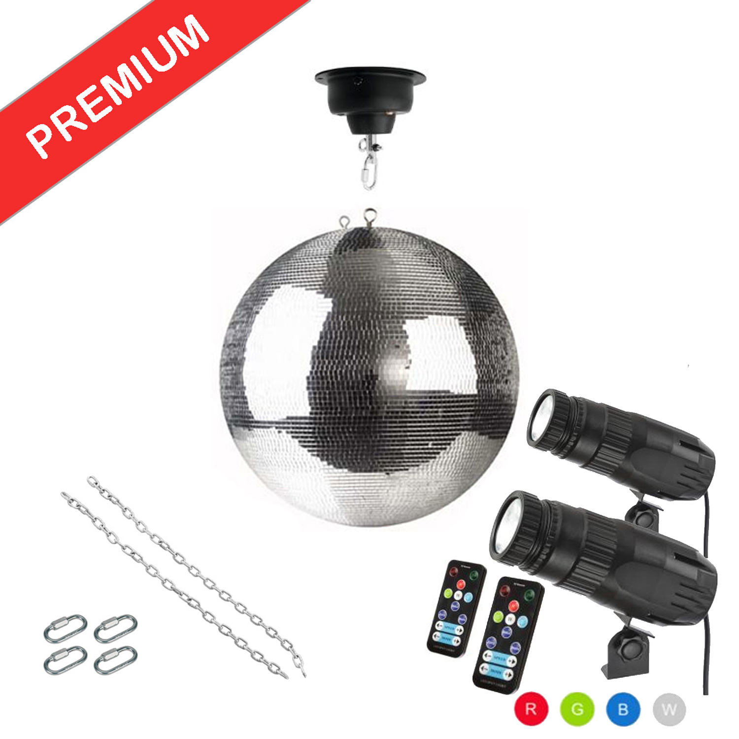 Spiegelkugel Komplettset - Discokugel, Motor, Pinspot, Montagematerial für Diskokugel - Mirrorball Set - Partyset