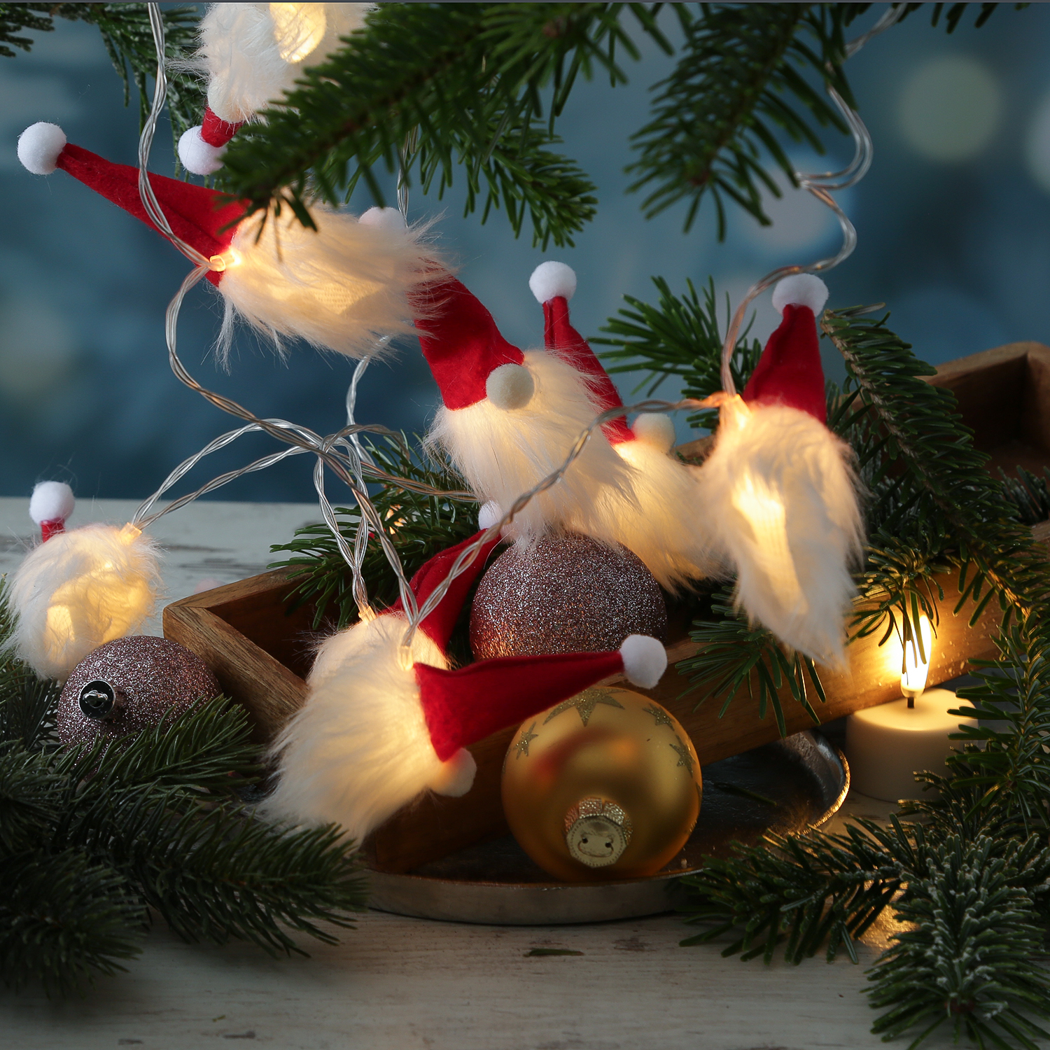 LED Lichterkette Wichtel - 10 leuchtende Weihnachtswichtel - L: 1,3m - Timer - Batteriebetrieb