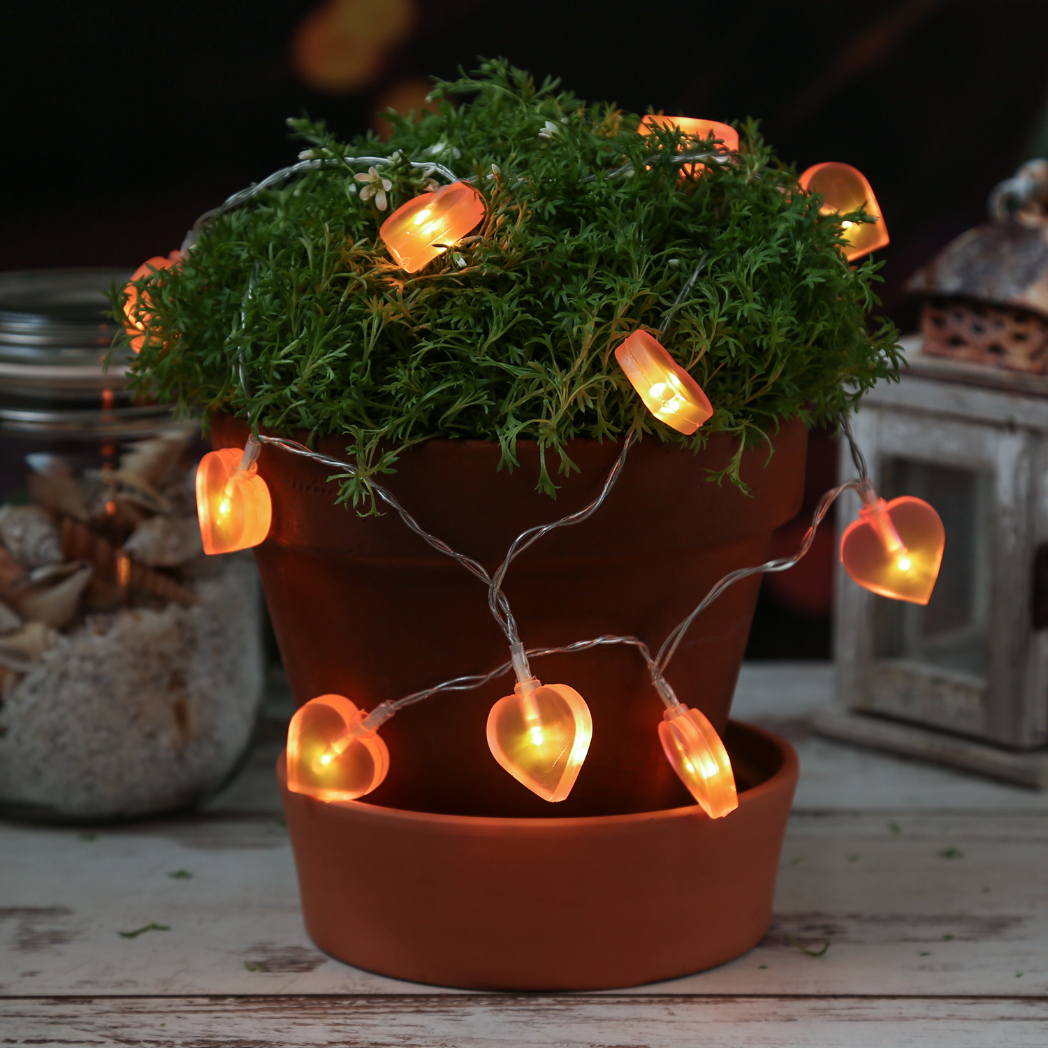 LED Lichterkette Herzen - 10 warmweiße LED - L: 90cm - Batteriebetrieb - rosa