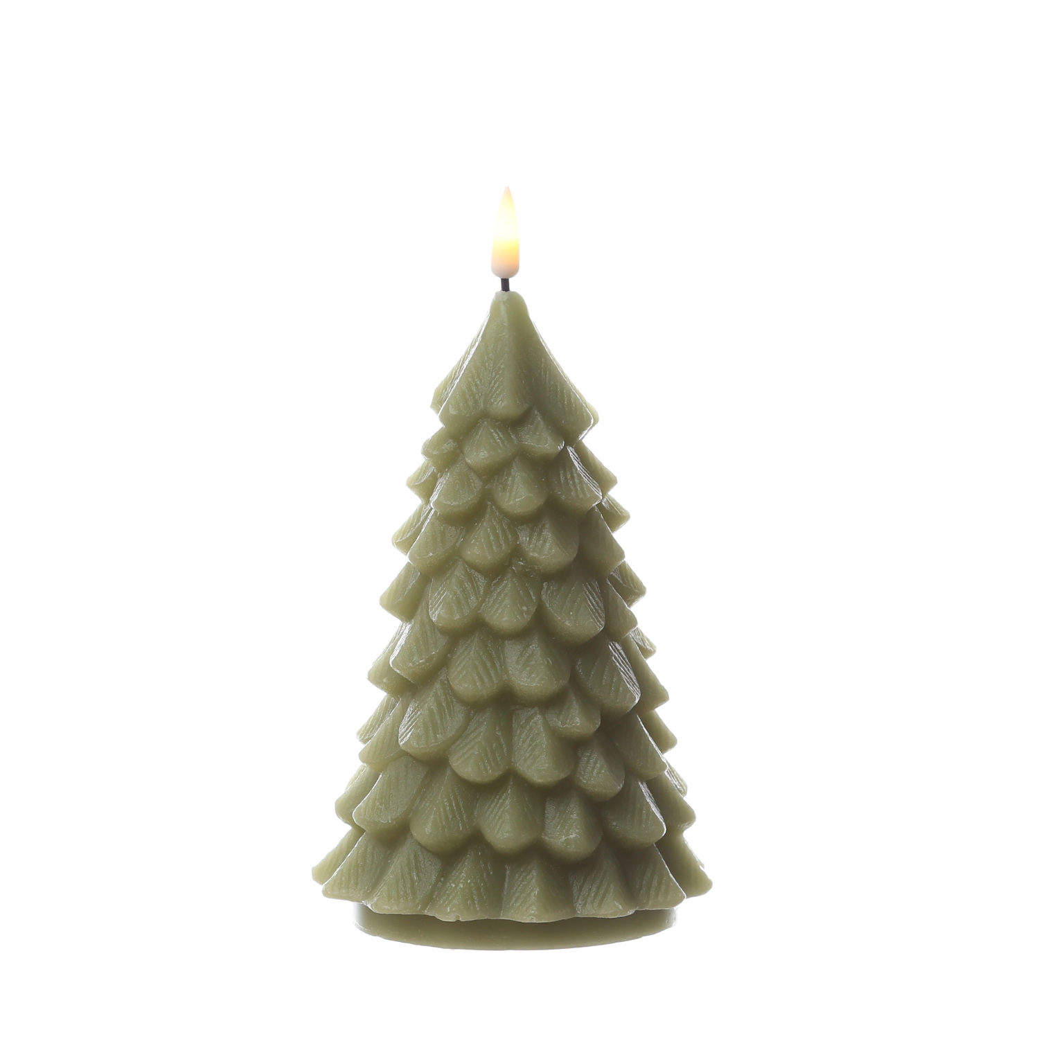 LED Kerze Tannenbaum - Echtwachs - flackernde 3D Flamme - H: 16cm - D: 9cm - hellgrün