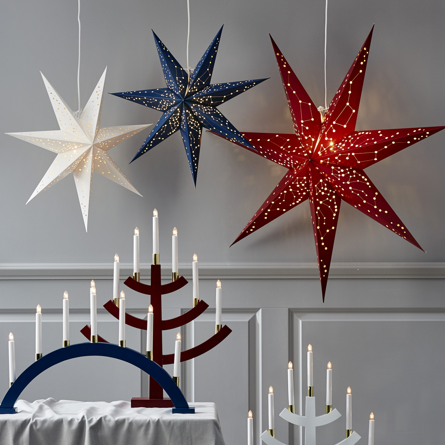 Papierstern "Galaxy" - mit Sternenbildern - hängend - 7-zackig - Ø 60 cm - inkl. Kabel - weiß