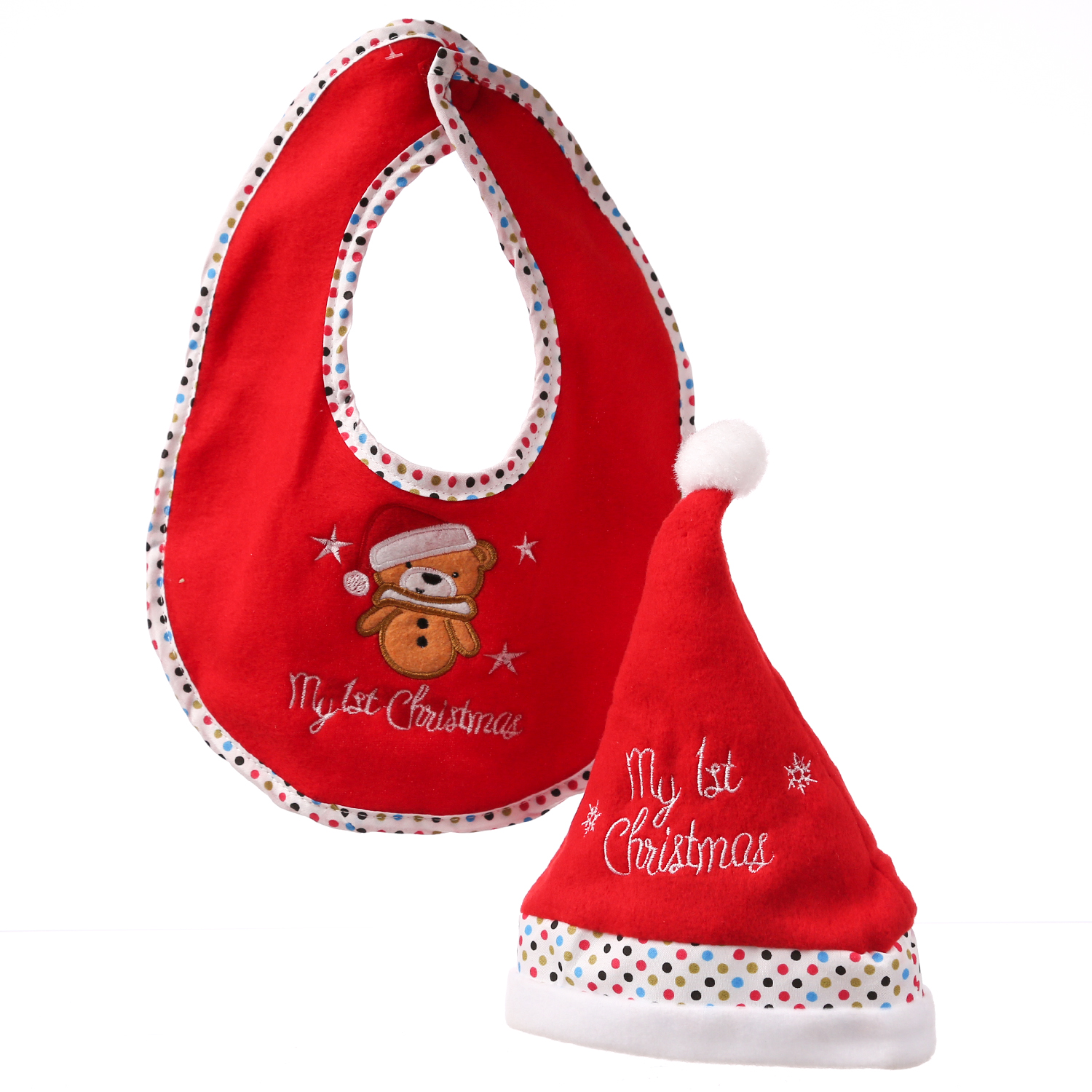 Baby Weihnachts-Geschenkset MY FIRST - Mütze und Lätzchen mit Bär - Polyester - rot, weiß