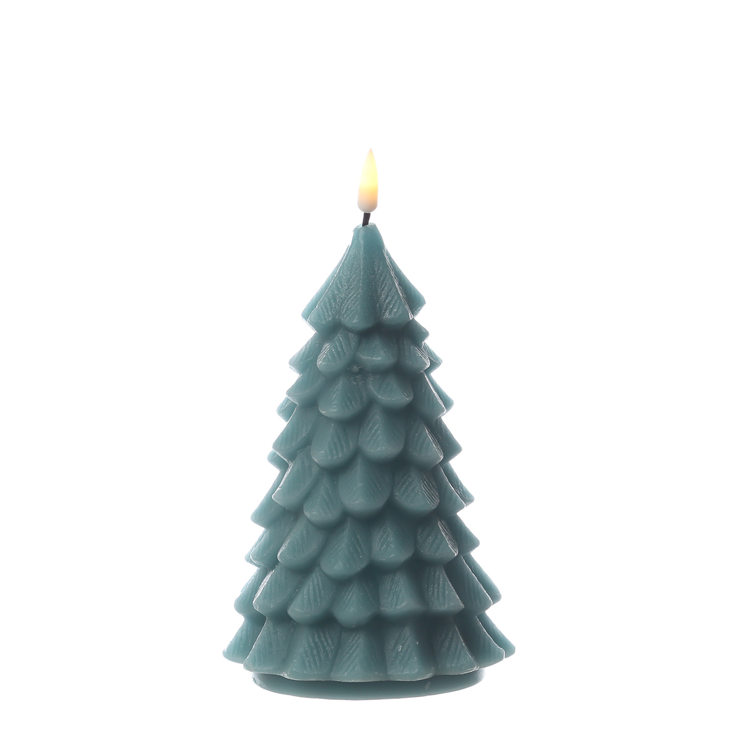 LED Kerze Tannenbaum - Echtwachs - flackernde 3D Flamme - H: 16cm - D: 9cm - dunkelgrün