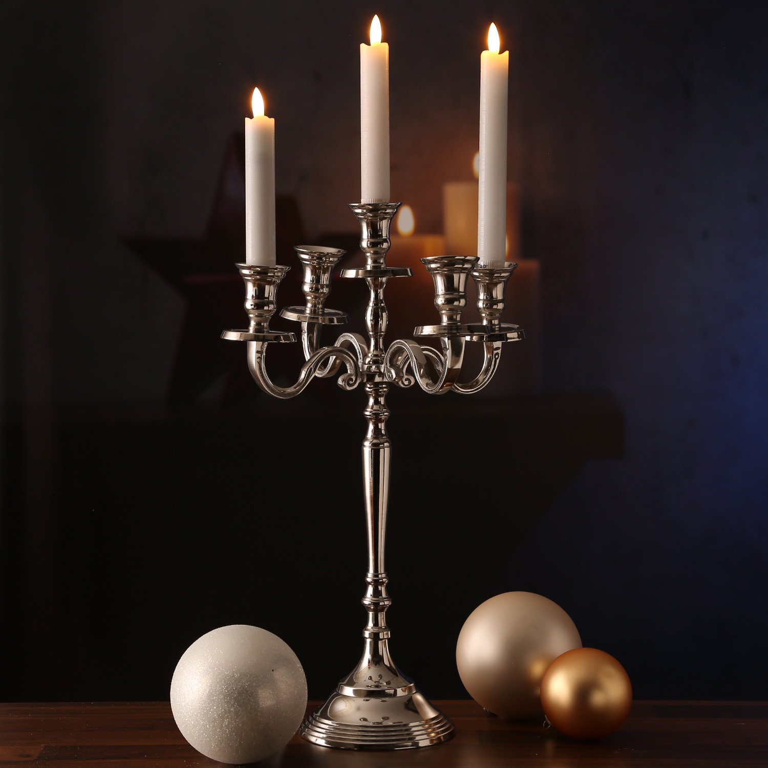 Stabkerzenhalter - Kerzenständer - Kerzenleuchter - Aluminium - H: 41cm - 5-armig - silber