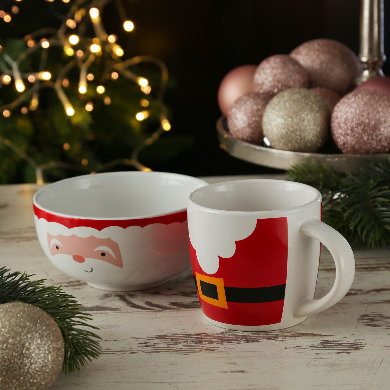 Frühstücksset Weihnachtsmann - Becher und Müslischale - Steingut - Geschirrset Weihnachten