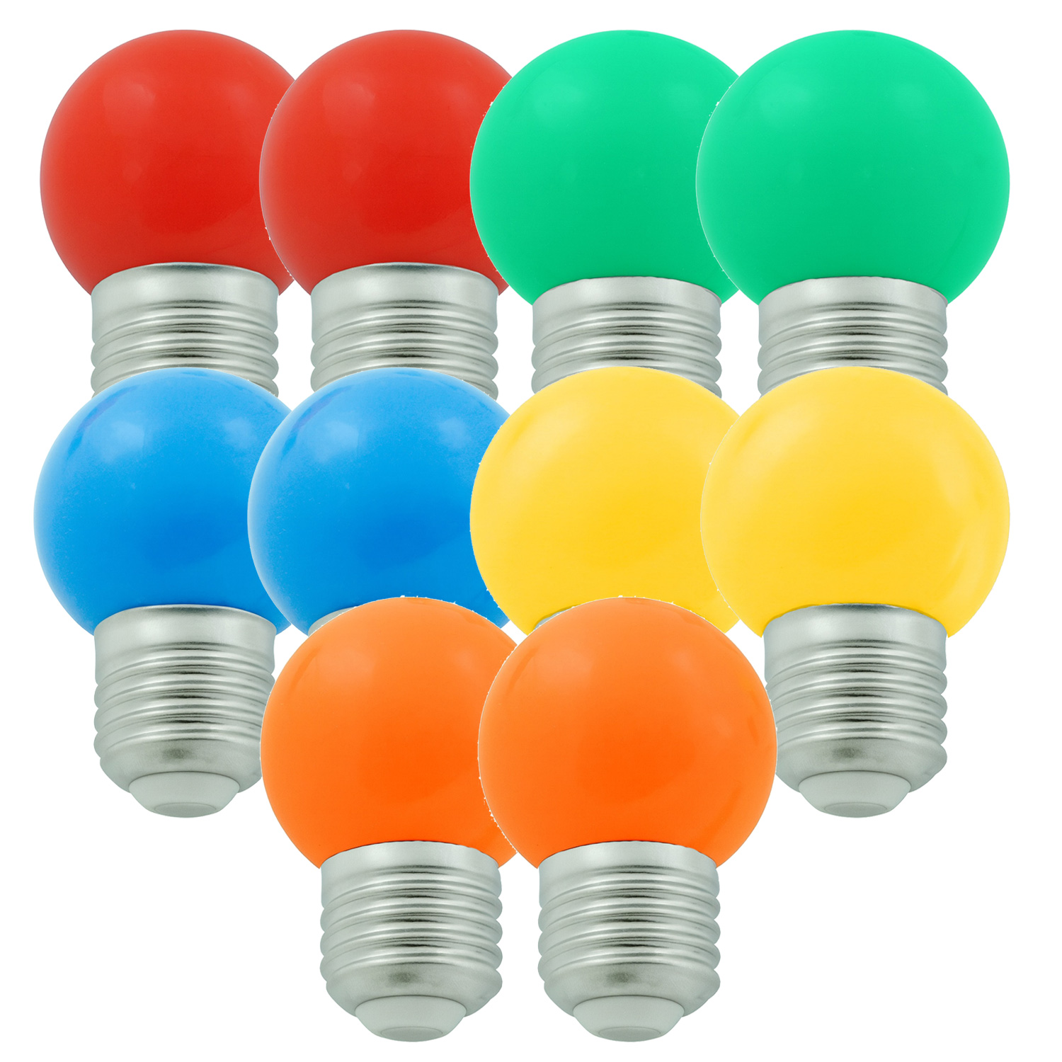 10er Set bunte LED Kugellampen (je 2x rot grün blau gelb orange) 1W-E27-G45