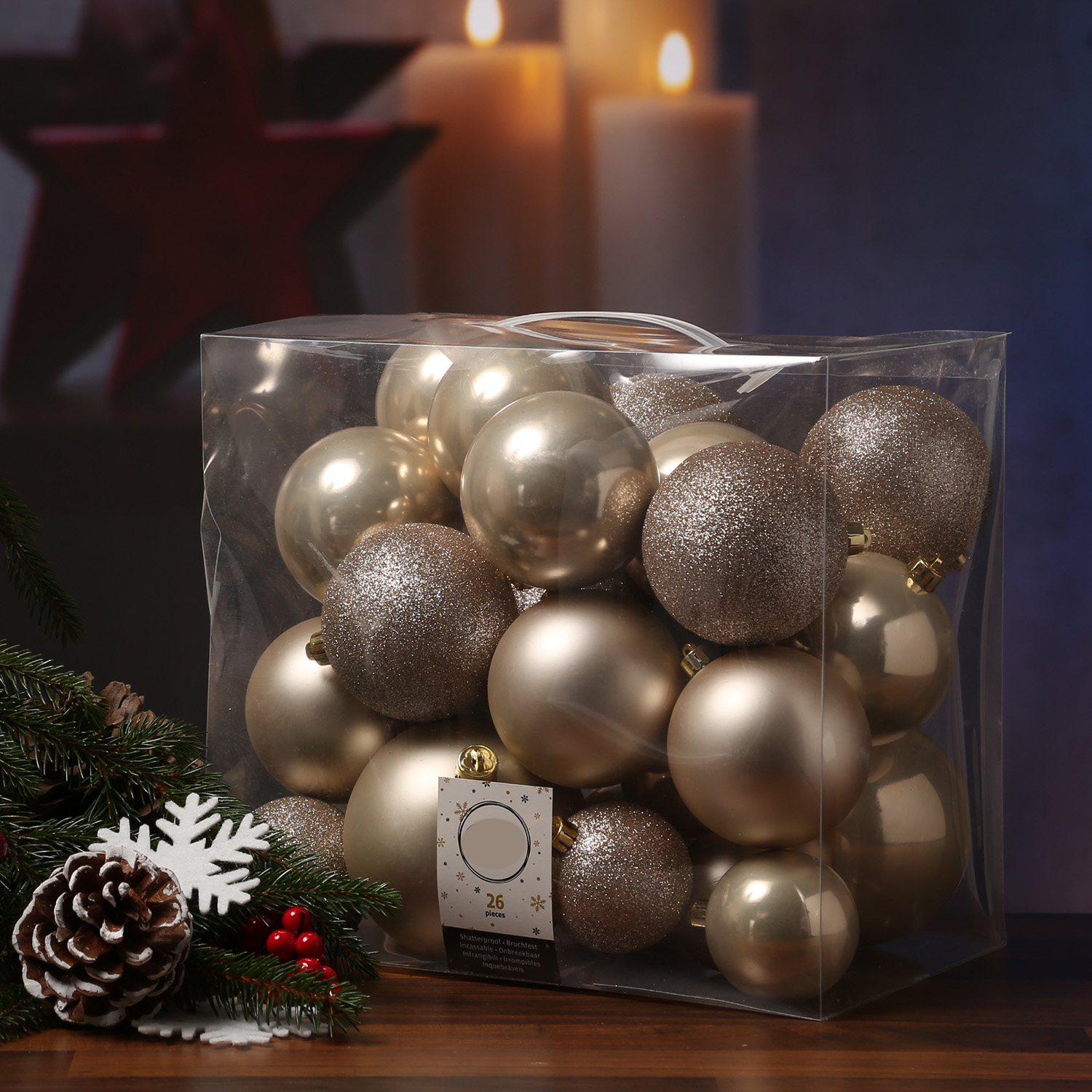 Christbaumkugel - Weihnachtsbaumkugel - bruchfest - glänzend matt glitzernd - champagner - 26er Set
