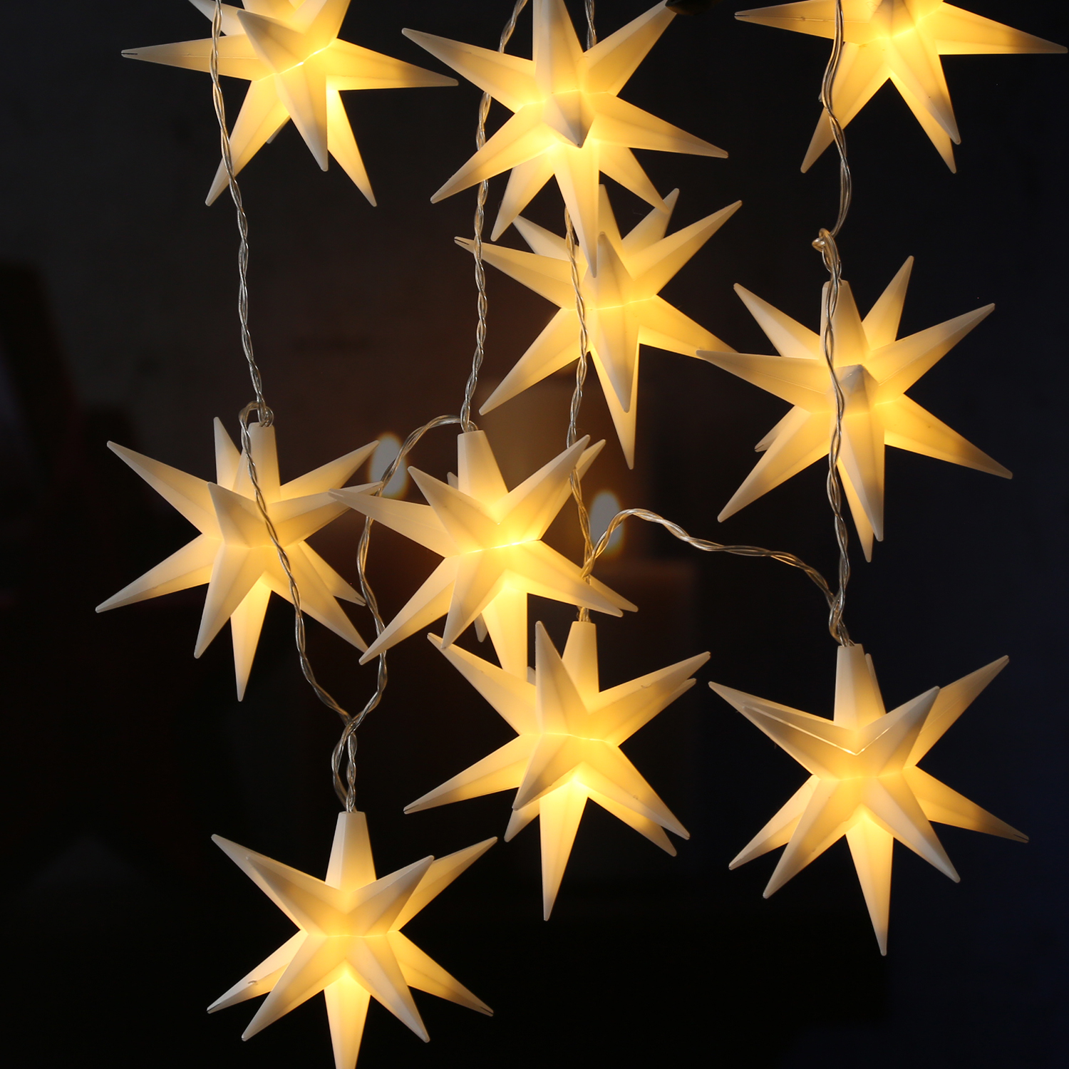 LED Lichterkette 3D Sterne - 10 warmweiße LED - L: 1,45m - Timer - Trafo - für Außen - weiß