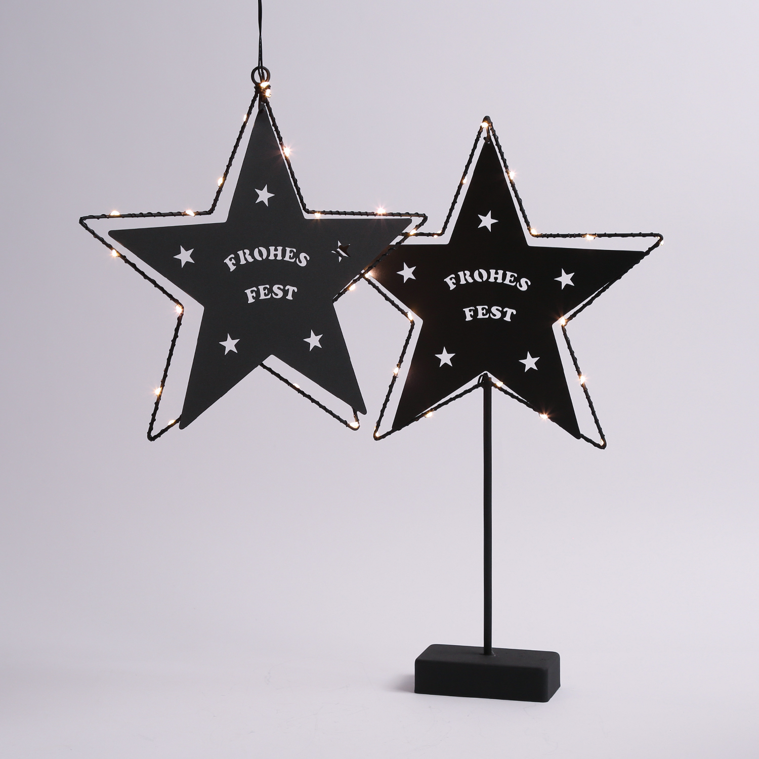 LED Hängestern FROHES FEST - Metallstern - 5-zackig - D: 27cm - 20 LED - Batteriebetrieb - schwarz