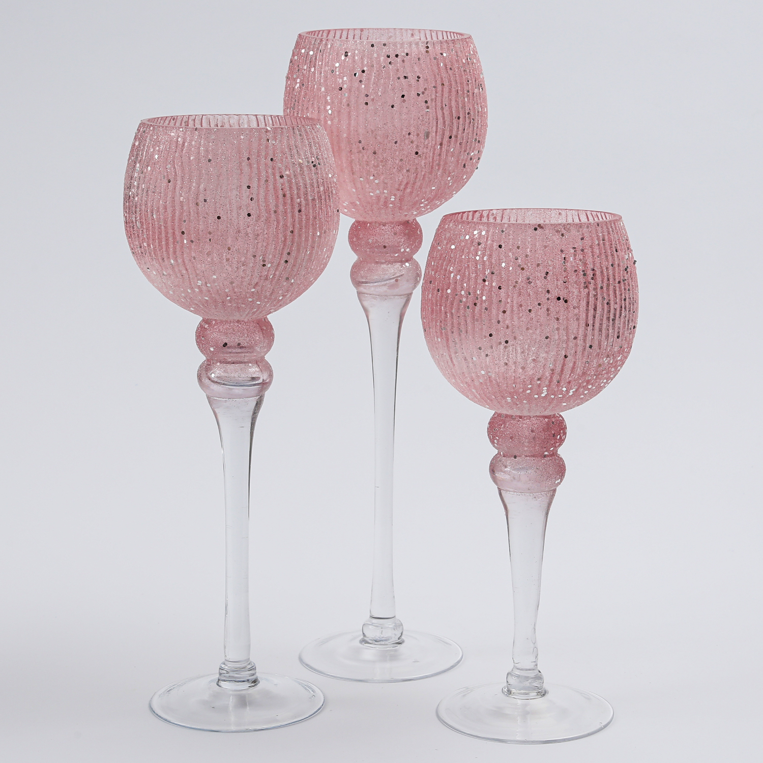Kerzenhalter Kelch FLORENZ - Glas - H: 30cm, 34,5cm, 40cm - rosa, silber - 3er Set