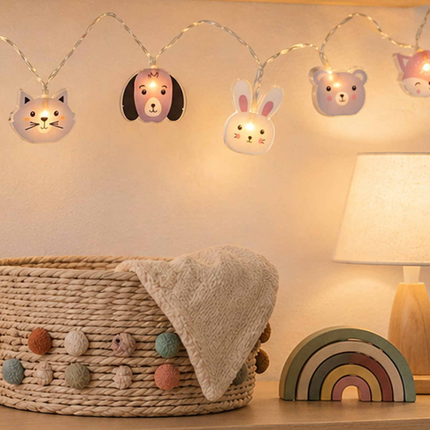 LED Lichterkette Tiere - Hund, Katze, Hase, Bär, Fuchs - Batteriebetrieb - Timer L: 0,9m - für Innen