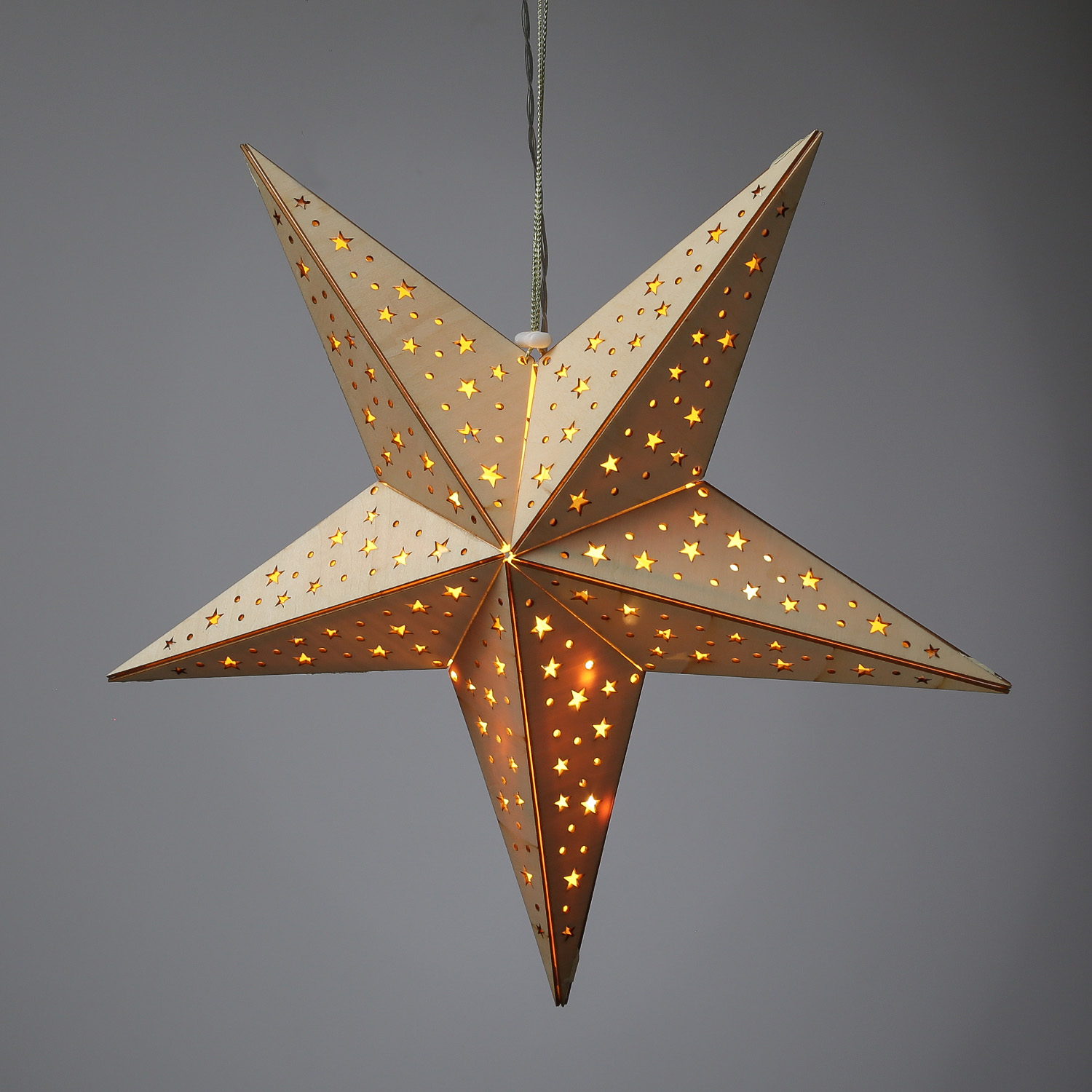 LED Holzstern - mit Sternenmuster - hängend - 5-zackig - 10 warmweiße LED - D: 40cm - Timer