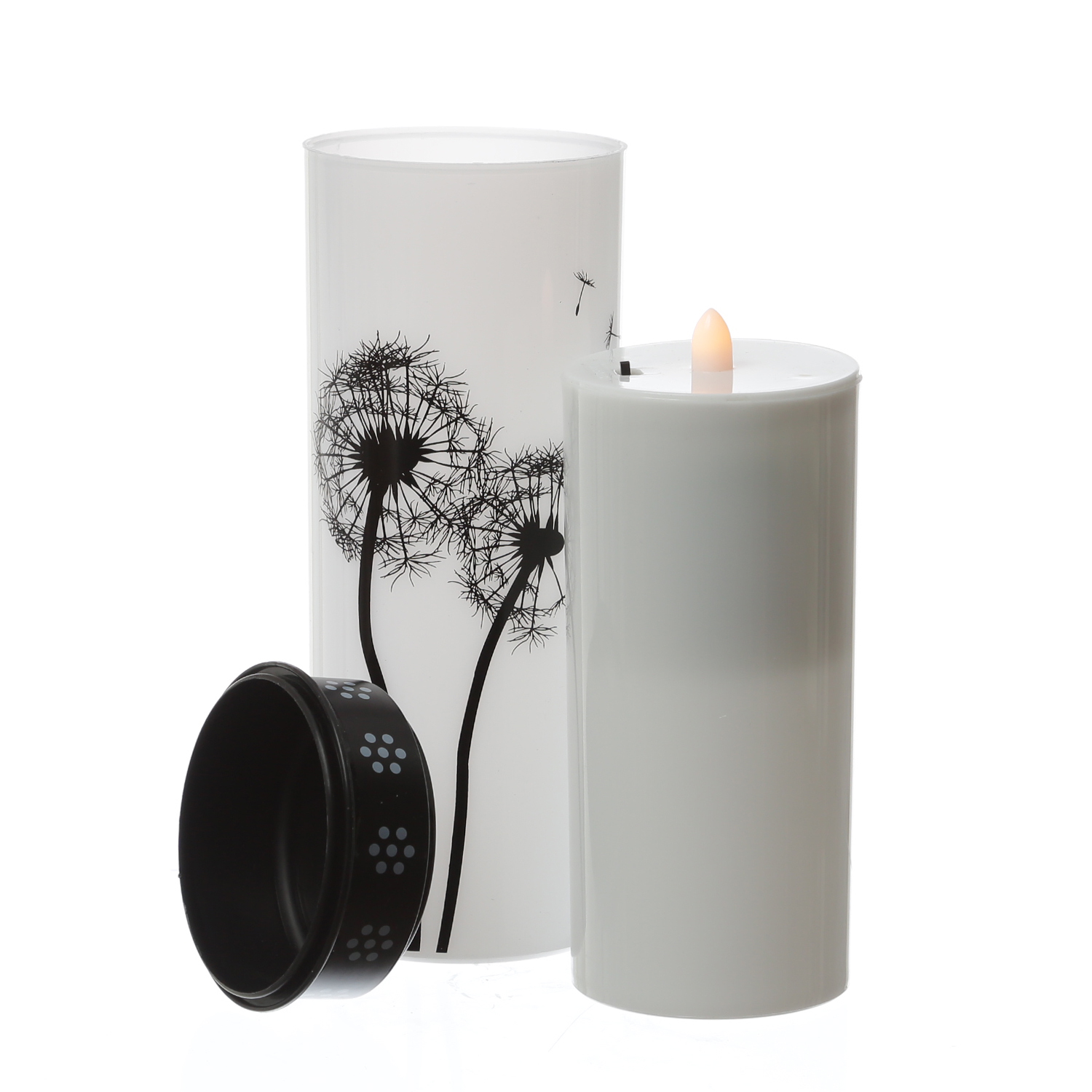 LED Grablicht/Grabkerze Pusteblume - bis 2500 Stunden - H: 21cm, D: 7cm - Timer - weiß/schwarz