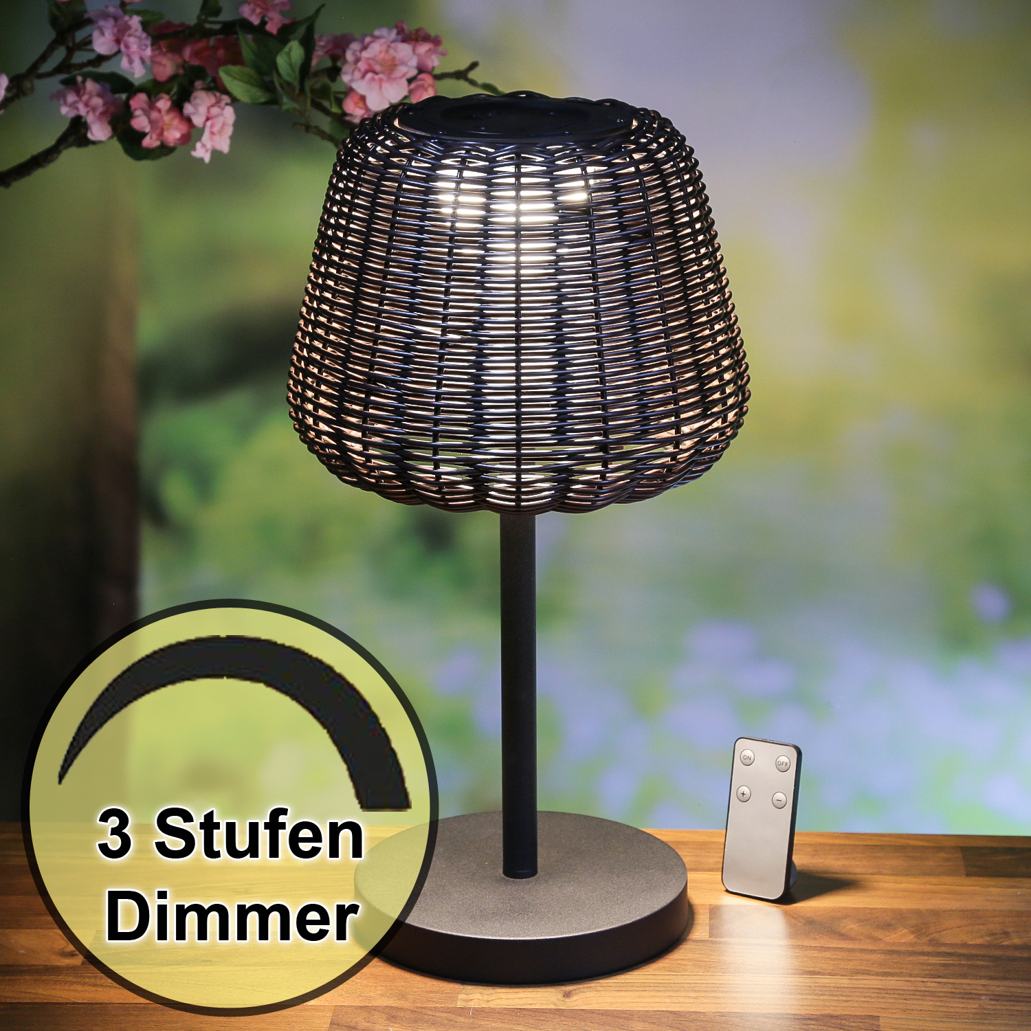 LED Garten Tischleuchte - in Rattanoptik - H 45cm - dimmbar - aufladbar - mit Fernbedienung - braun
