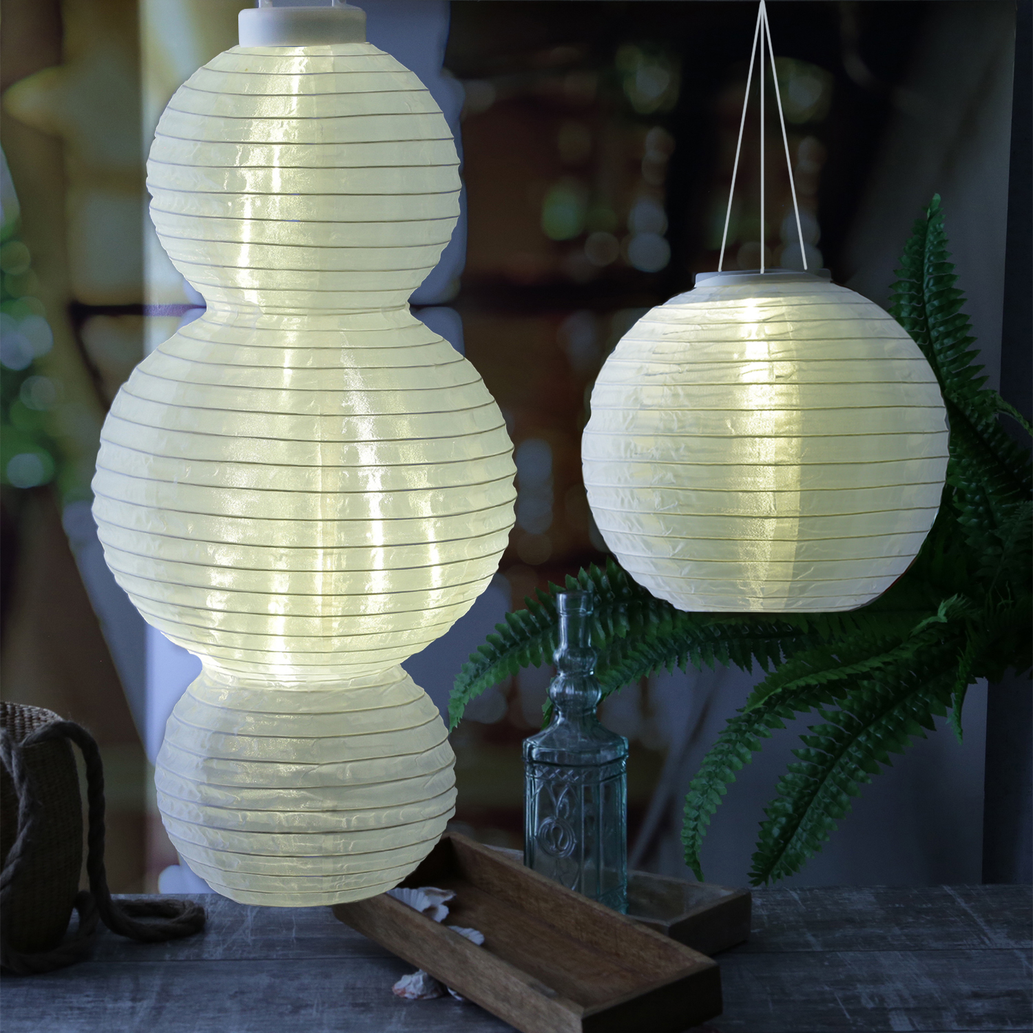XL LED Solar Lampion - Laterne - 15 warmweiße LED an Lichterkette - H: 60cm - Lichtsensor - weiß