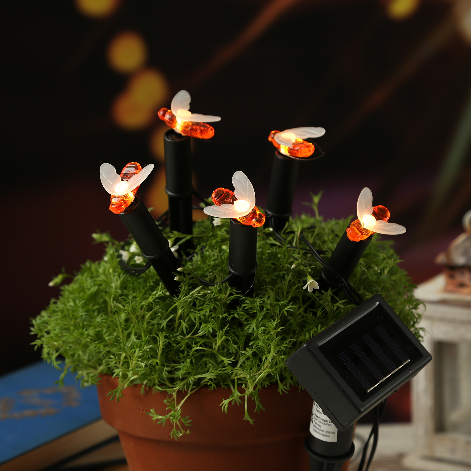 LED Solar Lichterkette Bienen - 5 warmweiße LED - L: 1,2m - H: 17cm - Lichtsensor - für Außen