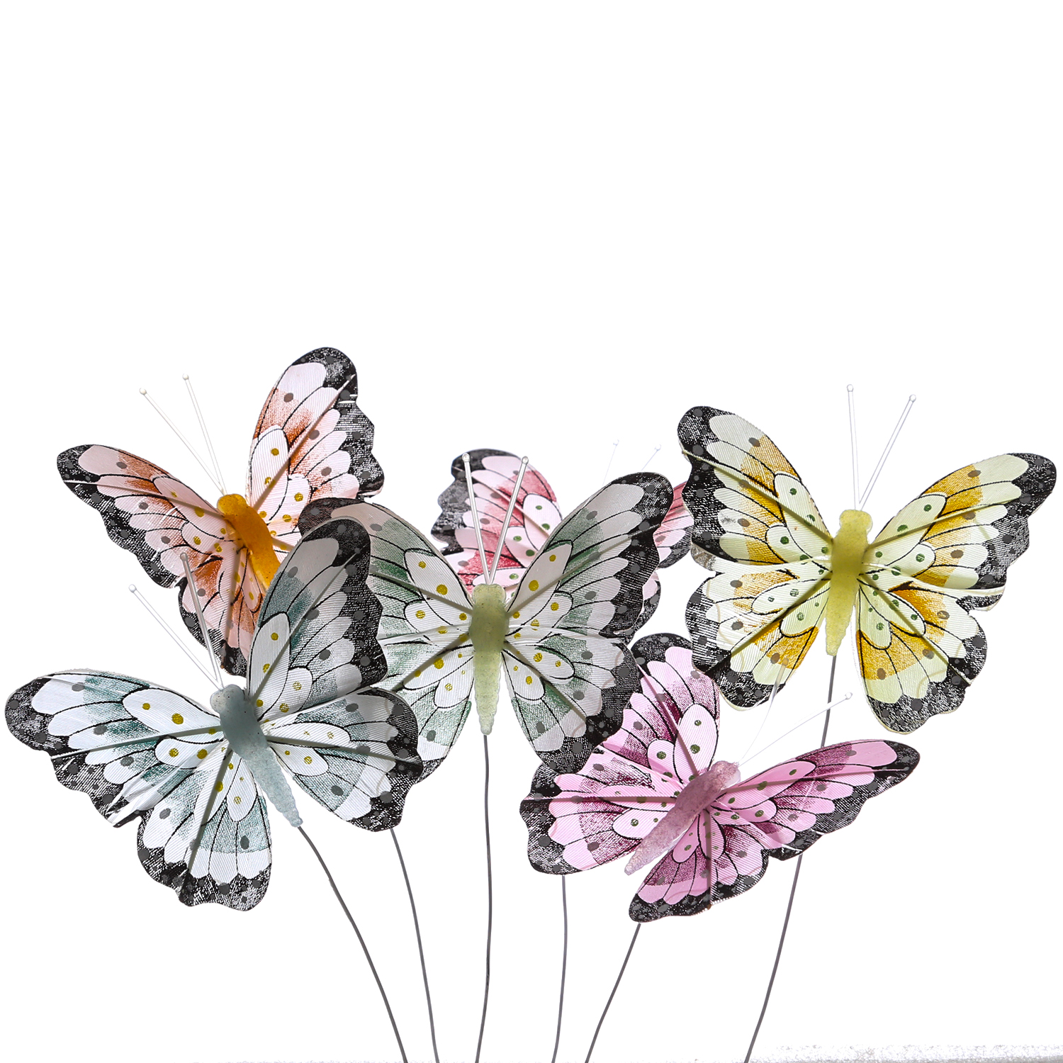 Deko Schmetterling - Federn und Draht - H: 6,5cm - gelb, orange, grün, pink, lila, blau - 6er Set