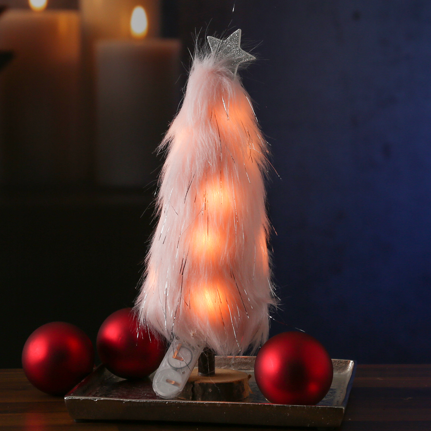LED Dekobaum PLÜSCH - Holz - Plüschfell - warmweiße LED - Sternspitze - H: 27,5cm - Batterie - rosa