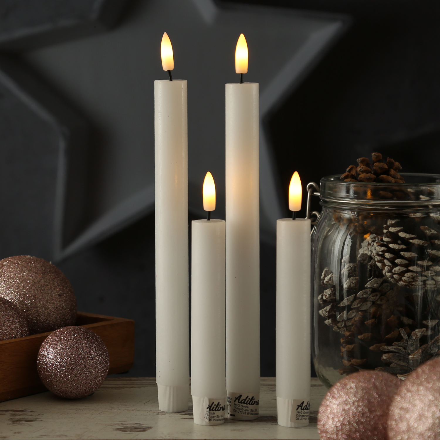 LED Stabkerzen LINA - Rustik-Optik - Echtwachs - 3D Flamme - H: 16cm - Timer - weiß