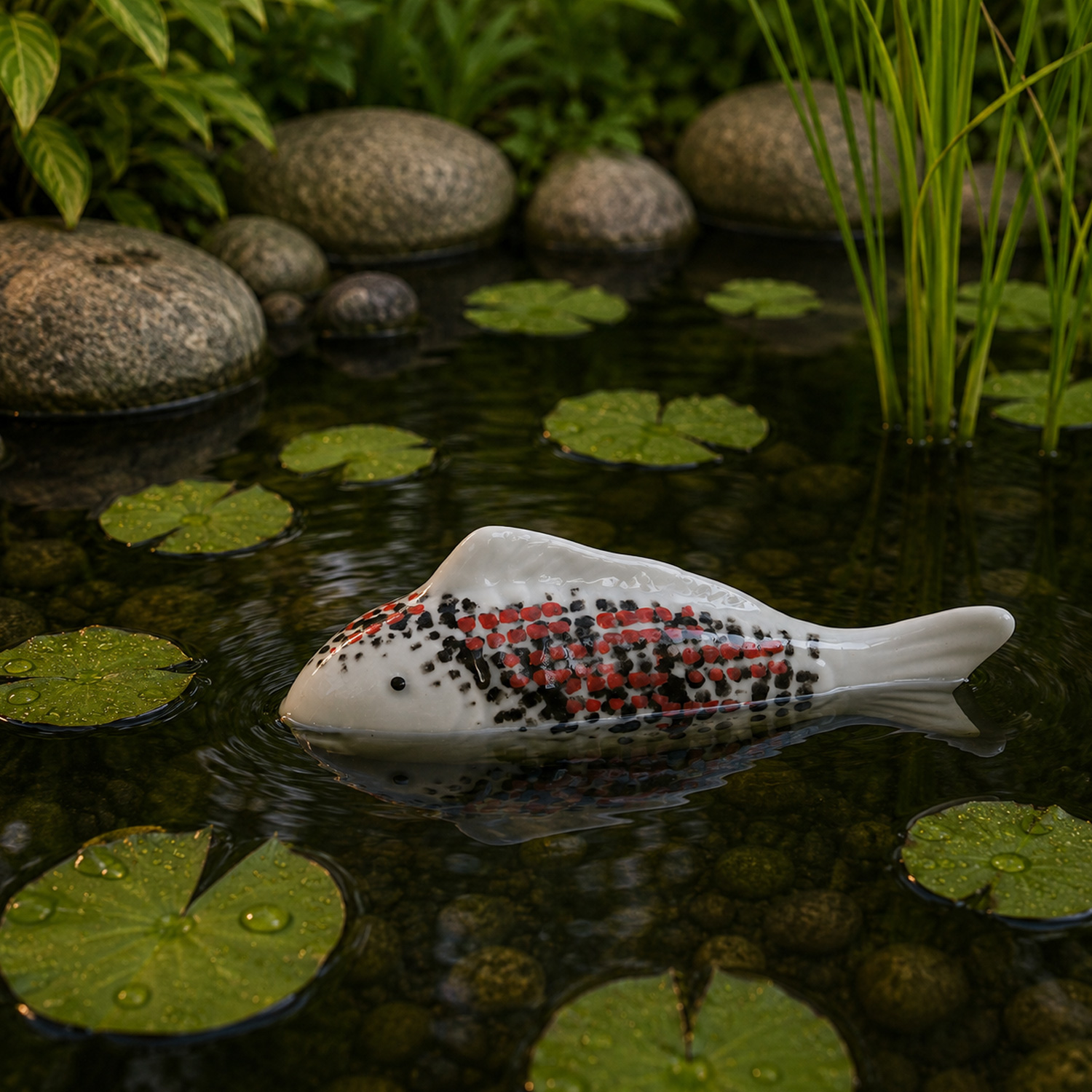 Teichdeko Fisch ZEUS - Dekofigur - Porzellan - schwimmend - L: 15,5cm - weiß, schwarz, rot
