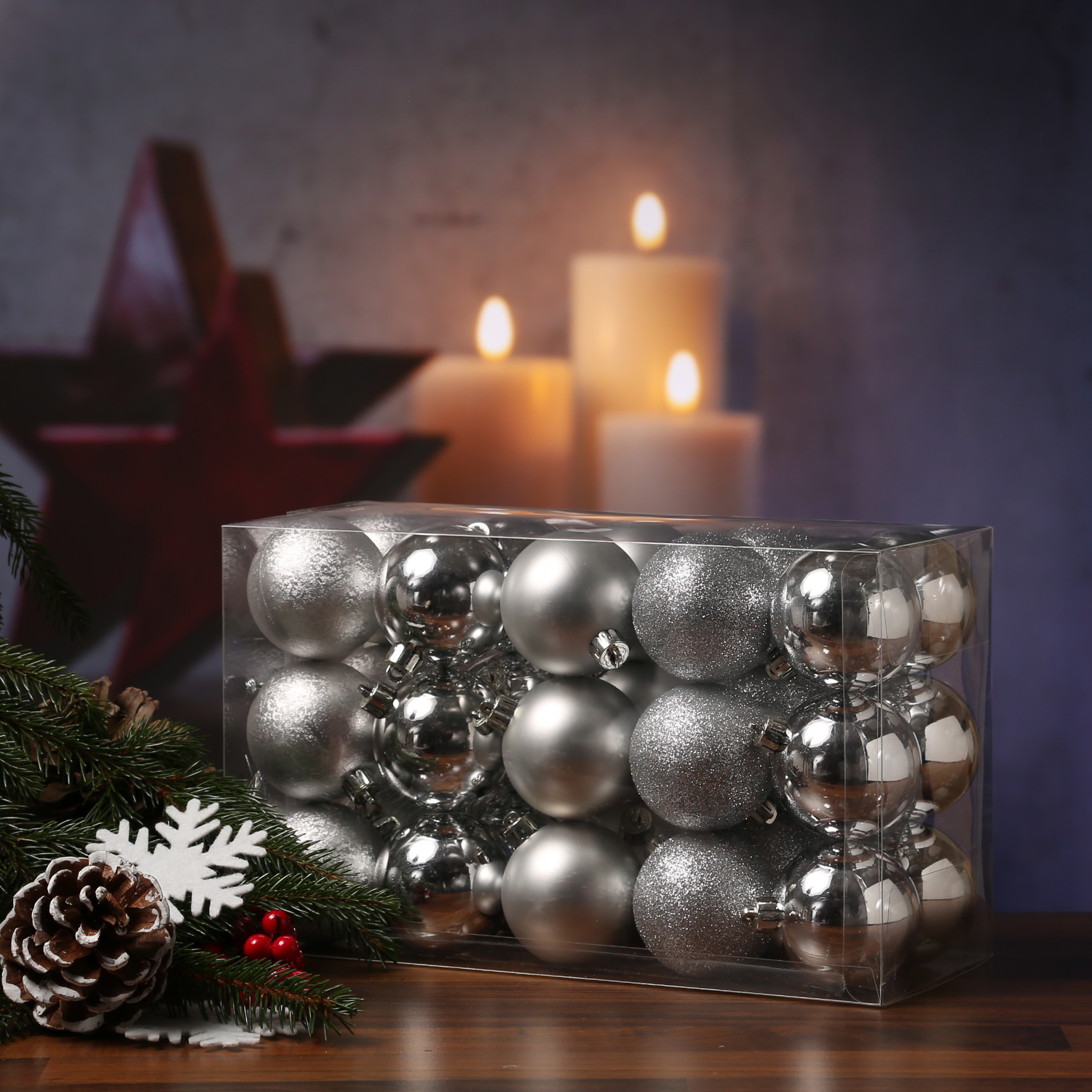 Christbaumkugel - Weihnachtsbaumkugel  - bruchfest - D:6cm - glänzend matt glitzernd - silber - 30St