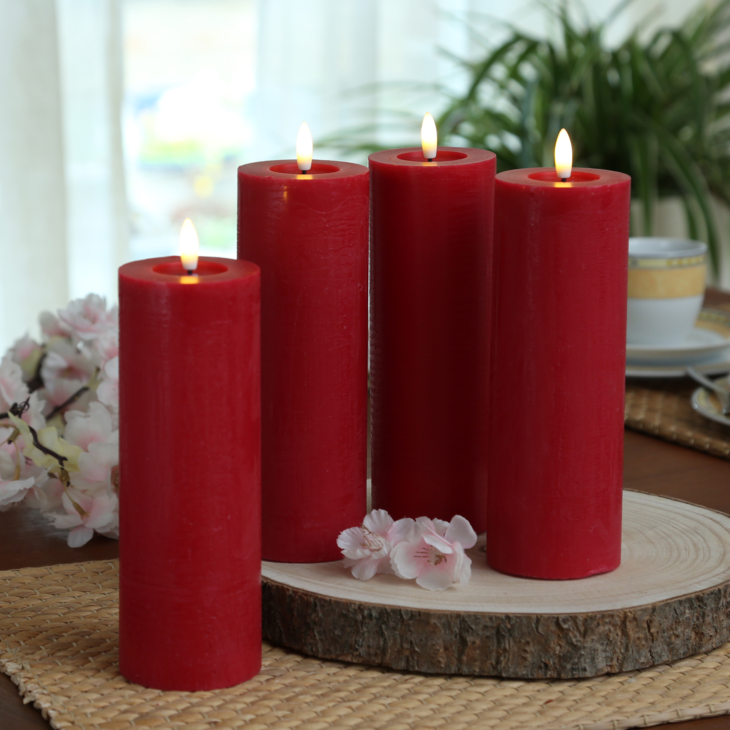 LED Kerzenset LINA - Rustik-Optik - Echtwachs - H: 20cm - D: 7cm - Timer - rot - 4er Set